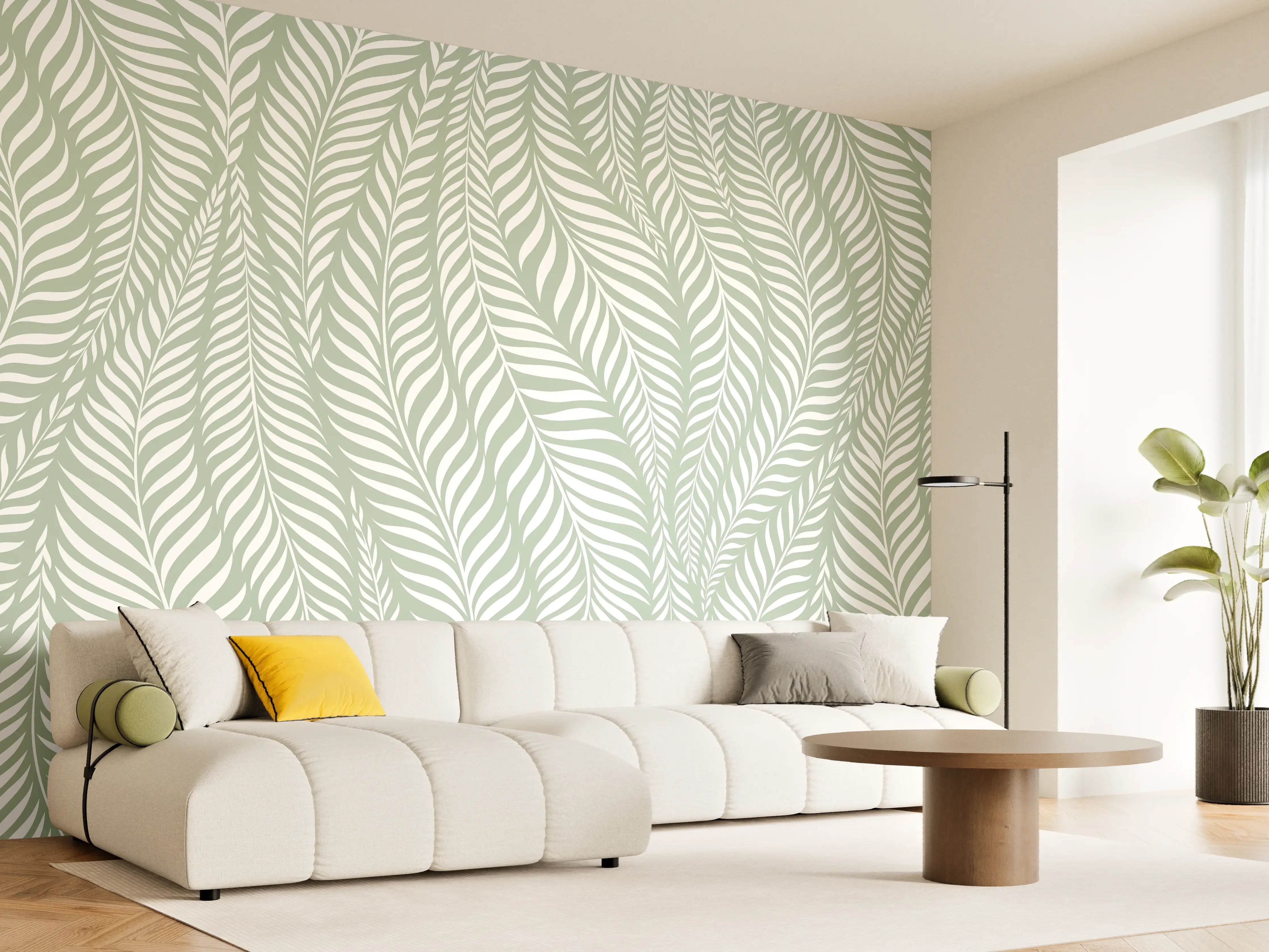 Wandverkleidung Wohnzimmer - Zarte Blättermuster in Hellgrün