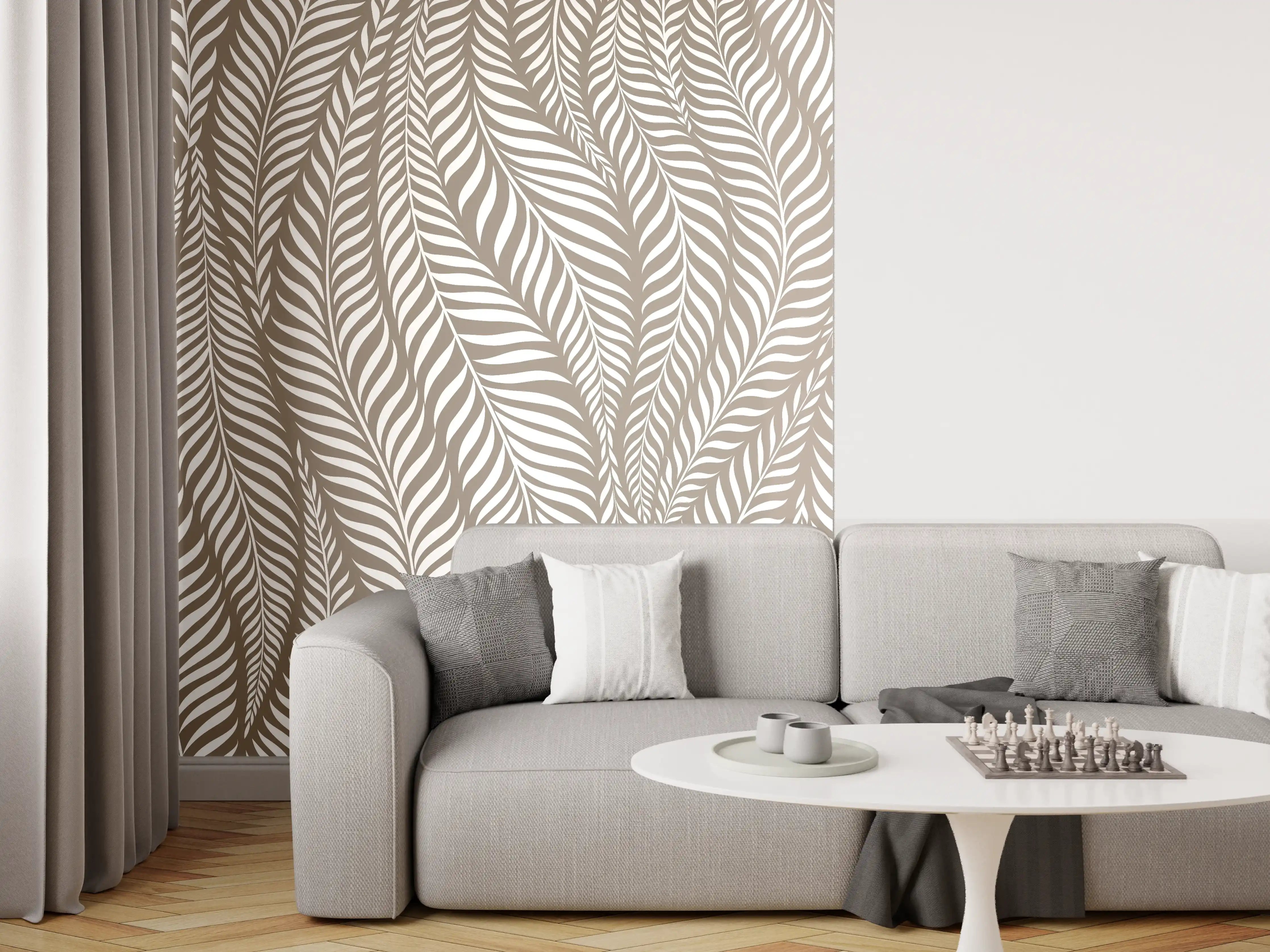 Wandverkleidung Wohnzimmer - Zarte Blattmuster in Beige und Grau