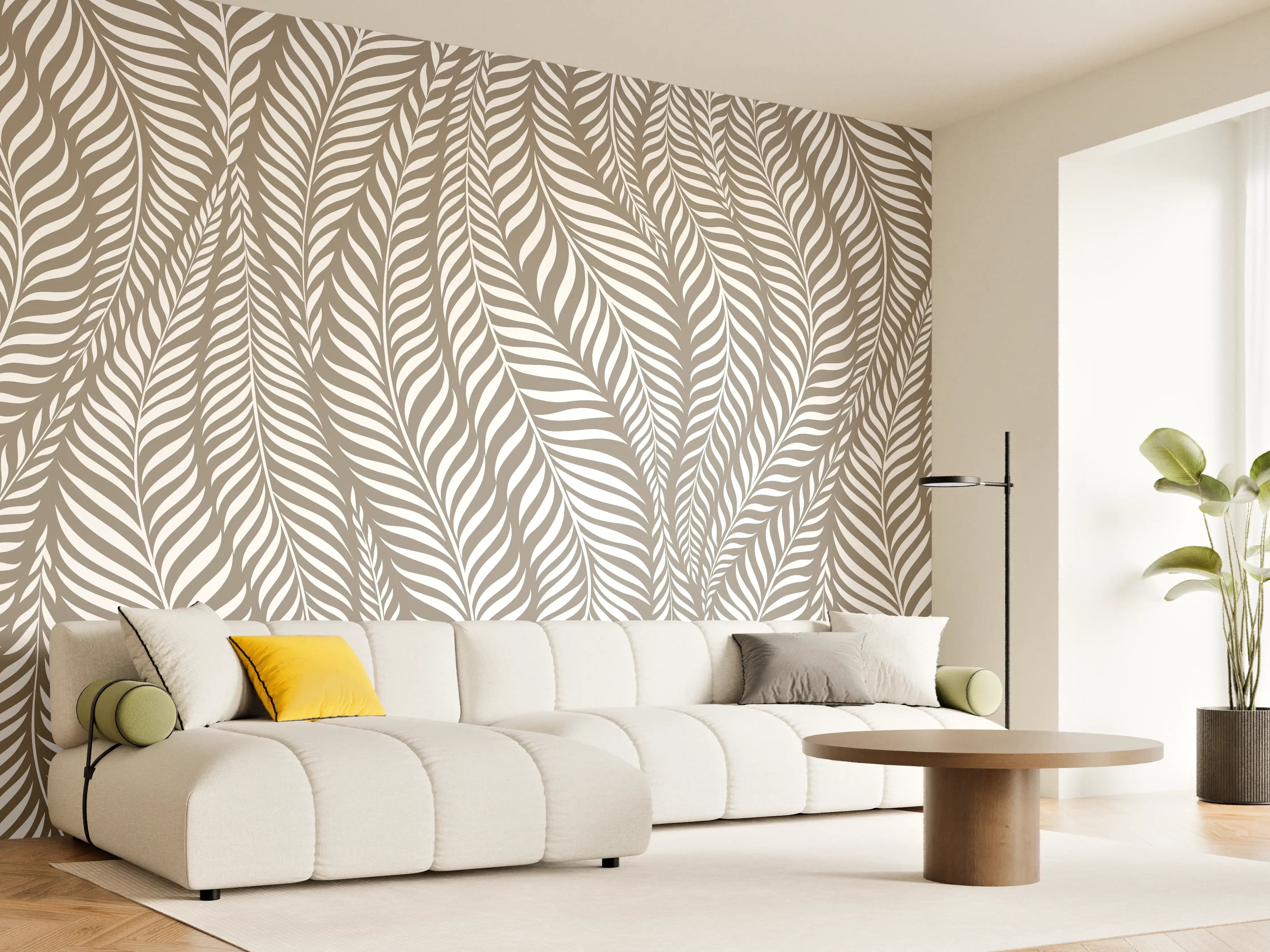 Wandverkleidung Wohnzimmer - Zarte Blattmuster in Beige und Grau