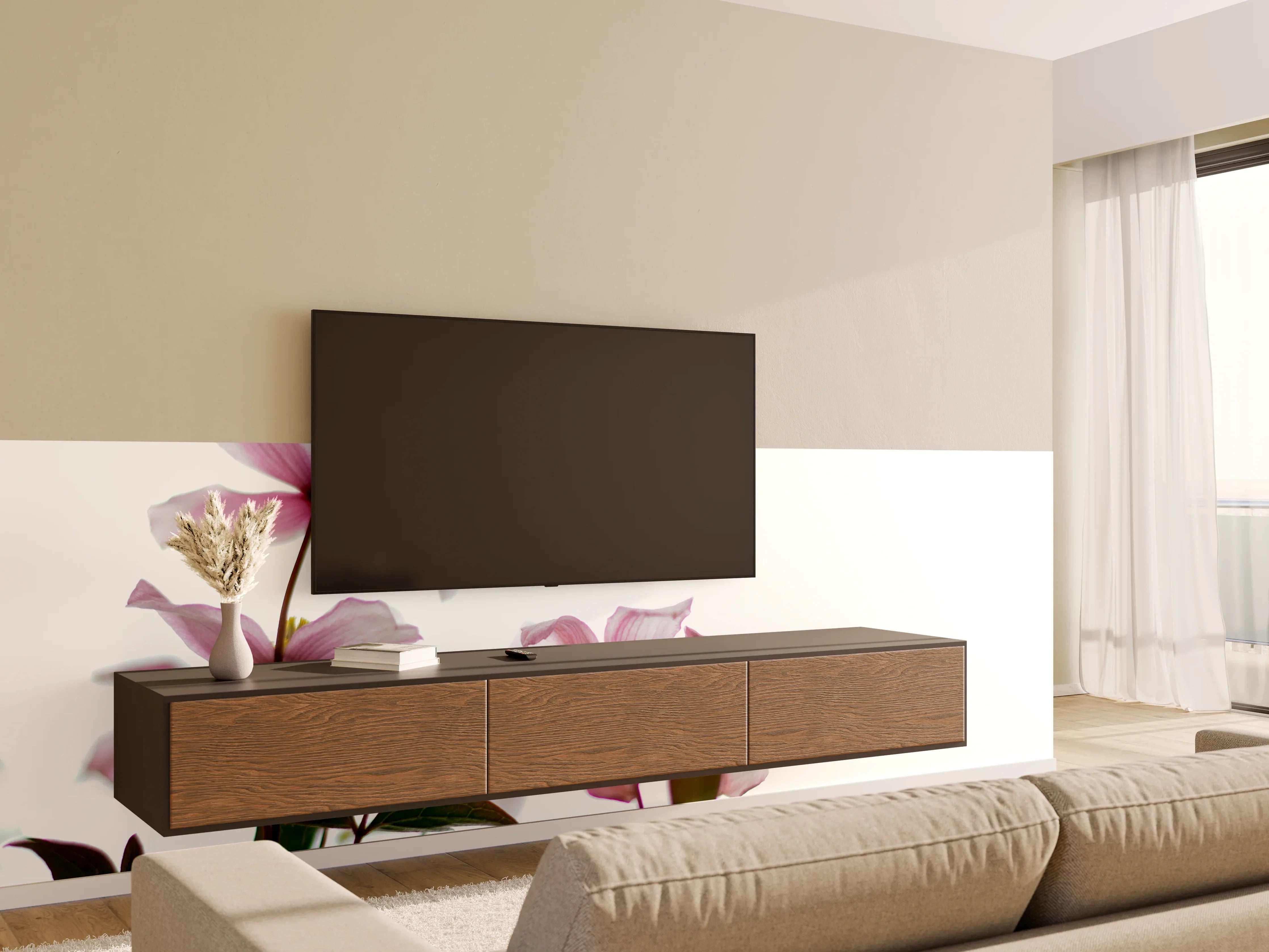 Wandverkleidung Wohnzimmer - Zarte Blüten auf hellem Hintergrund