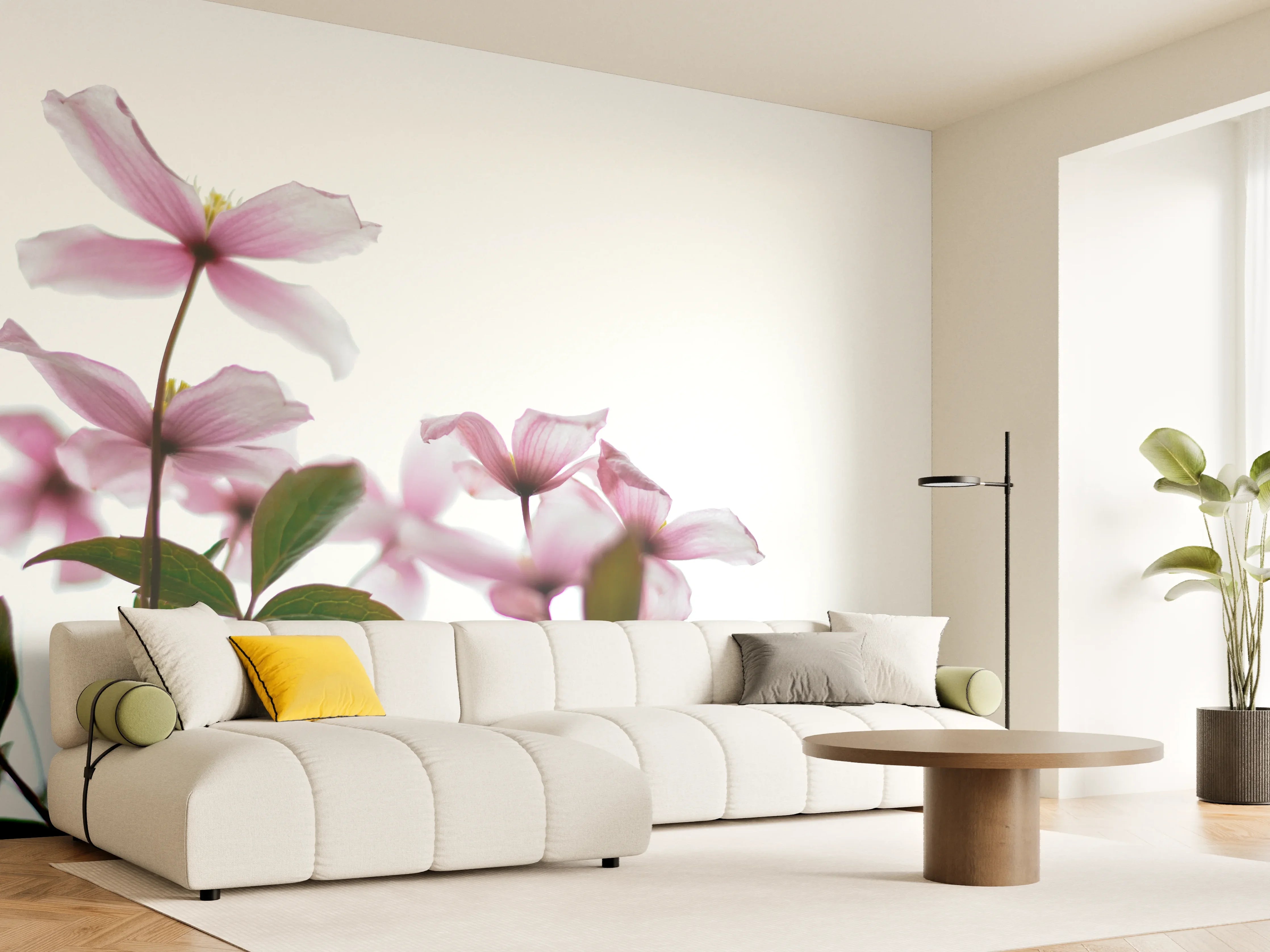 Wandverkleidung Wohnzimmer - Zarte Blüten auf hellem Hintergrund