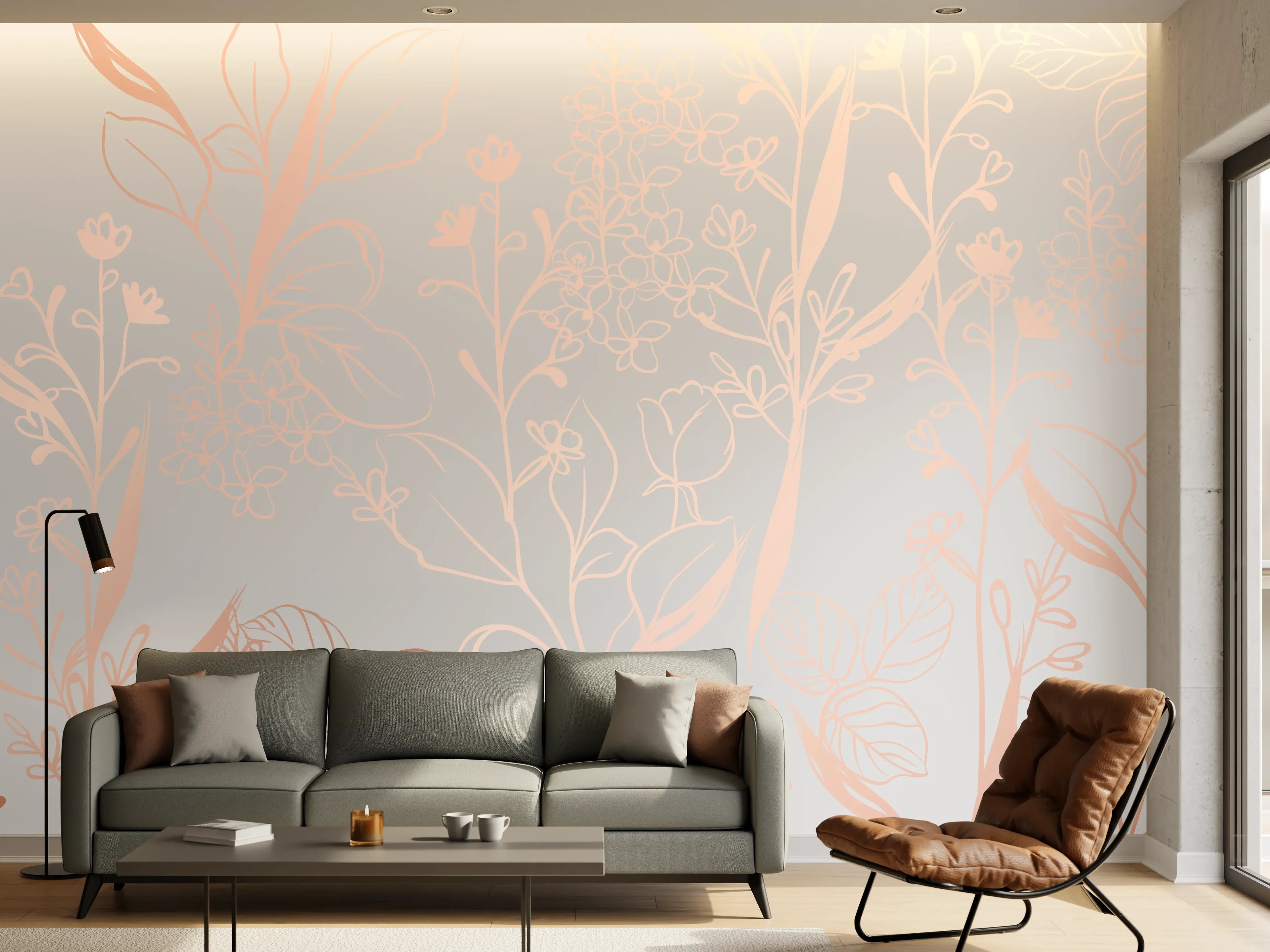 Wandverkleidung Wohnzimmer - Zarte Blütenillustration Beige-Rosa