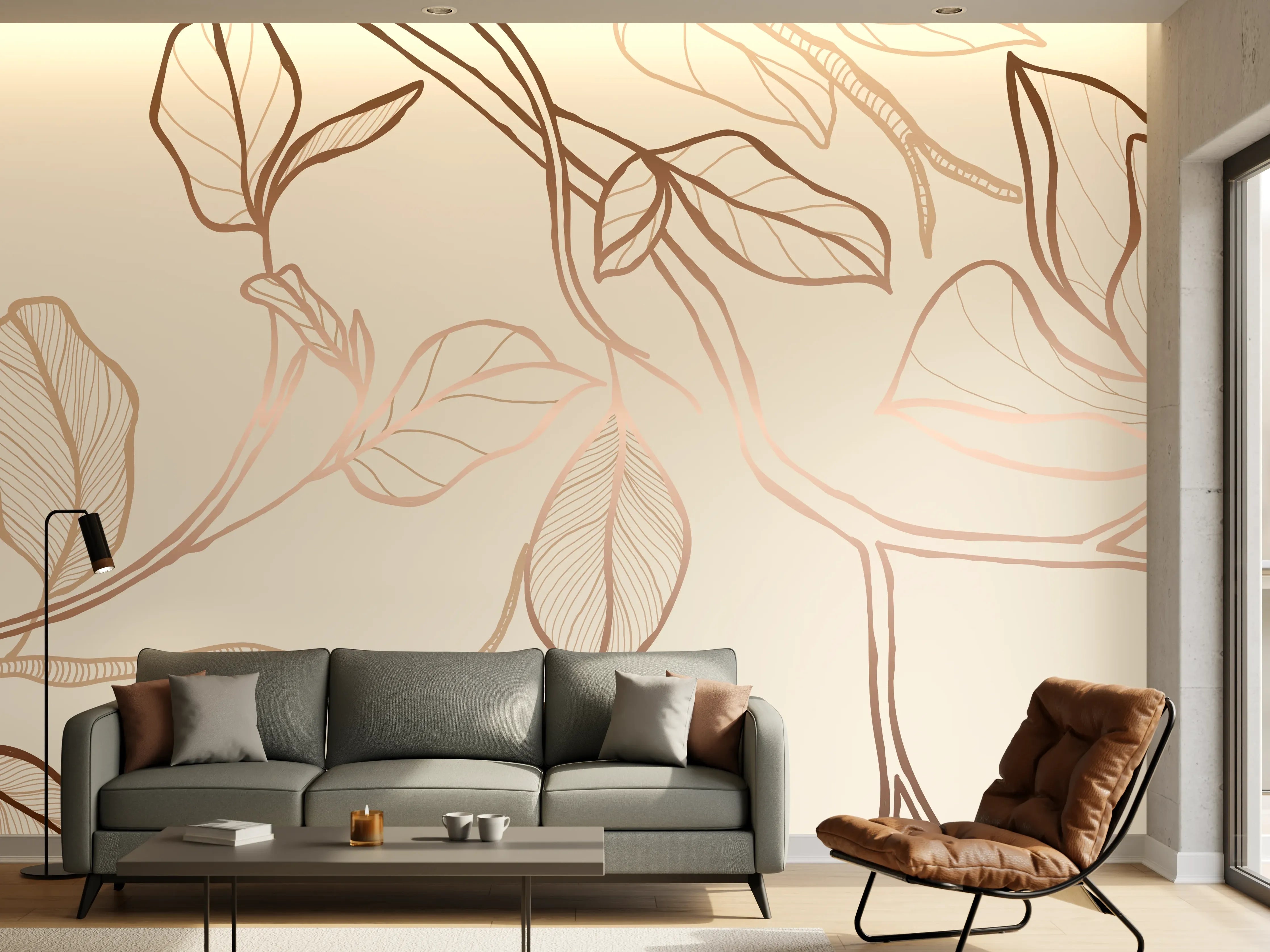 Wandverkleidung Wohnzimmer - Zarte Blumenzeichnung Beige