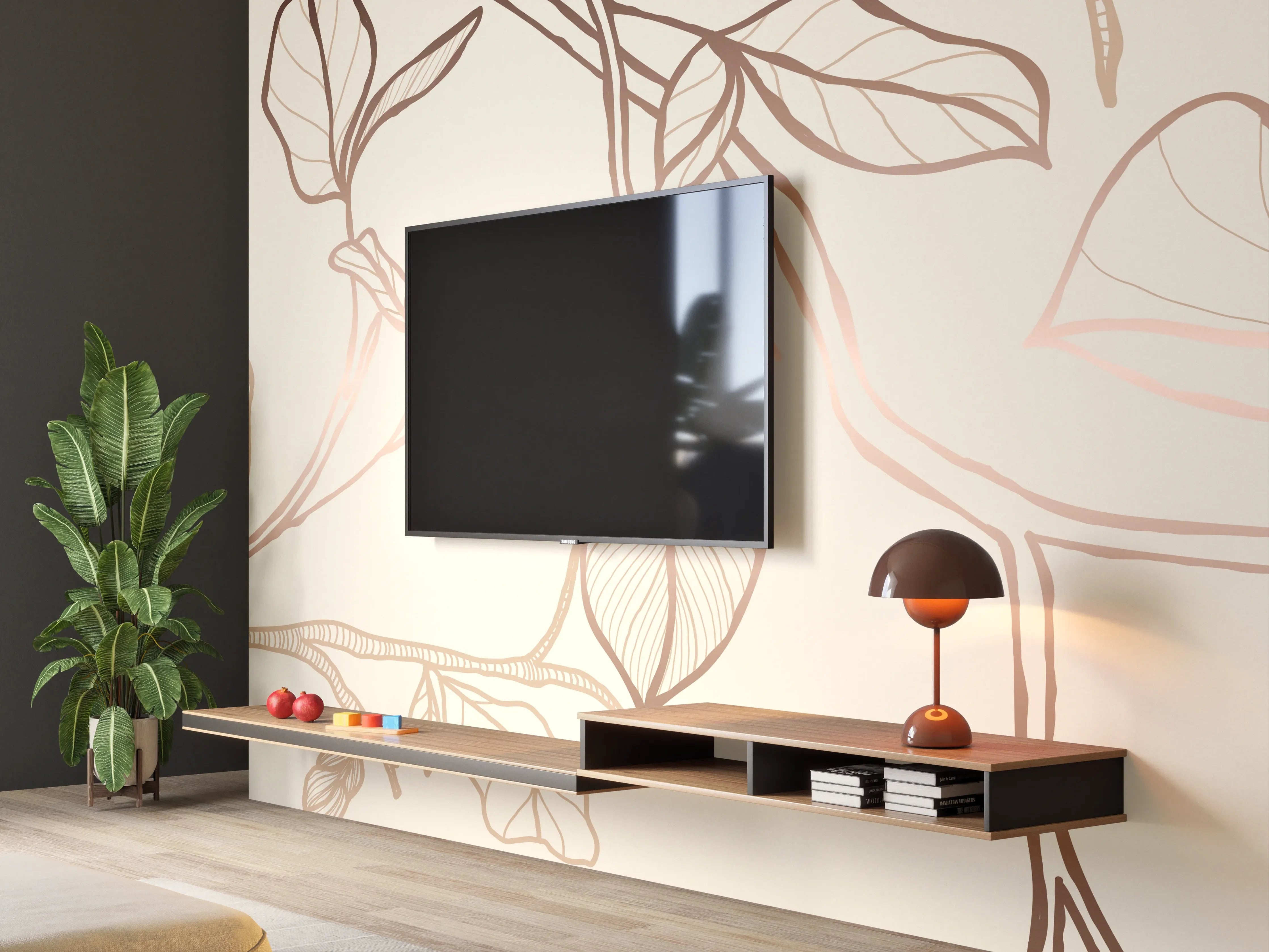 Wandverkleidung Wohnzimmer - Zarte Blumenzeichnung Beige