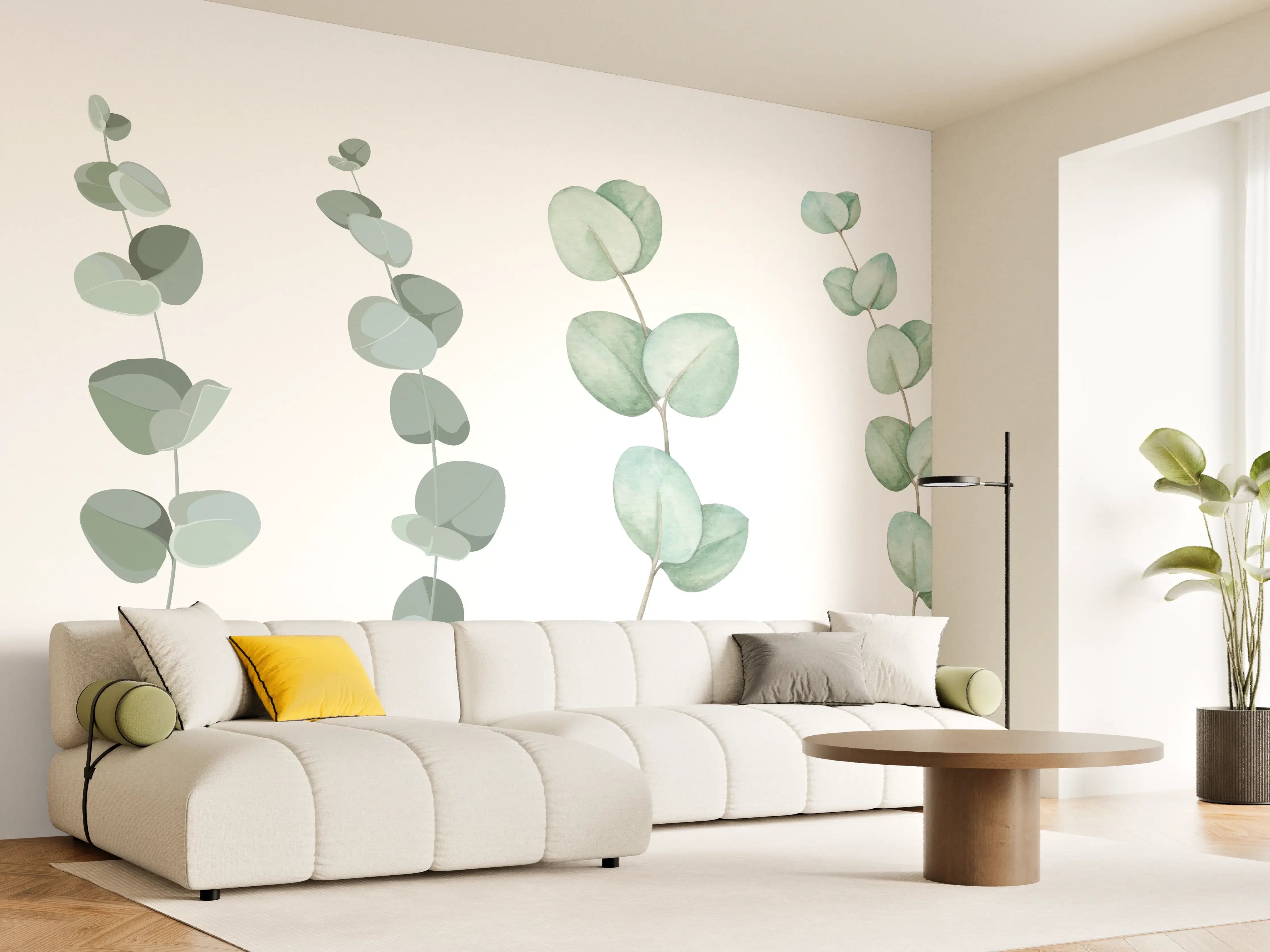 Wandverkleidung Wohnzimmer - Zarte Eukalyptus Aquarell-Motive