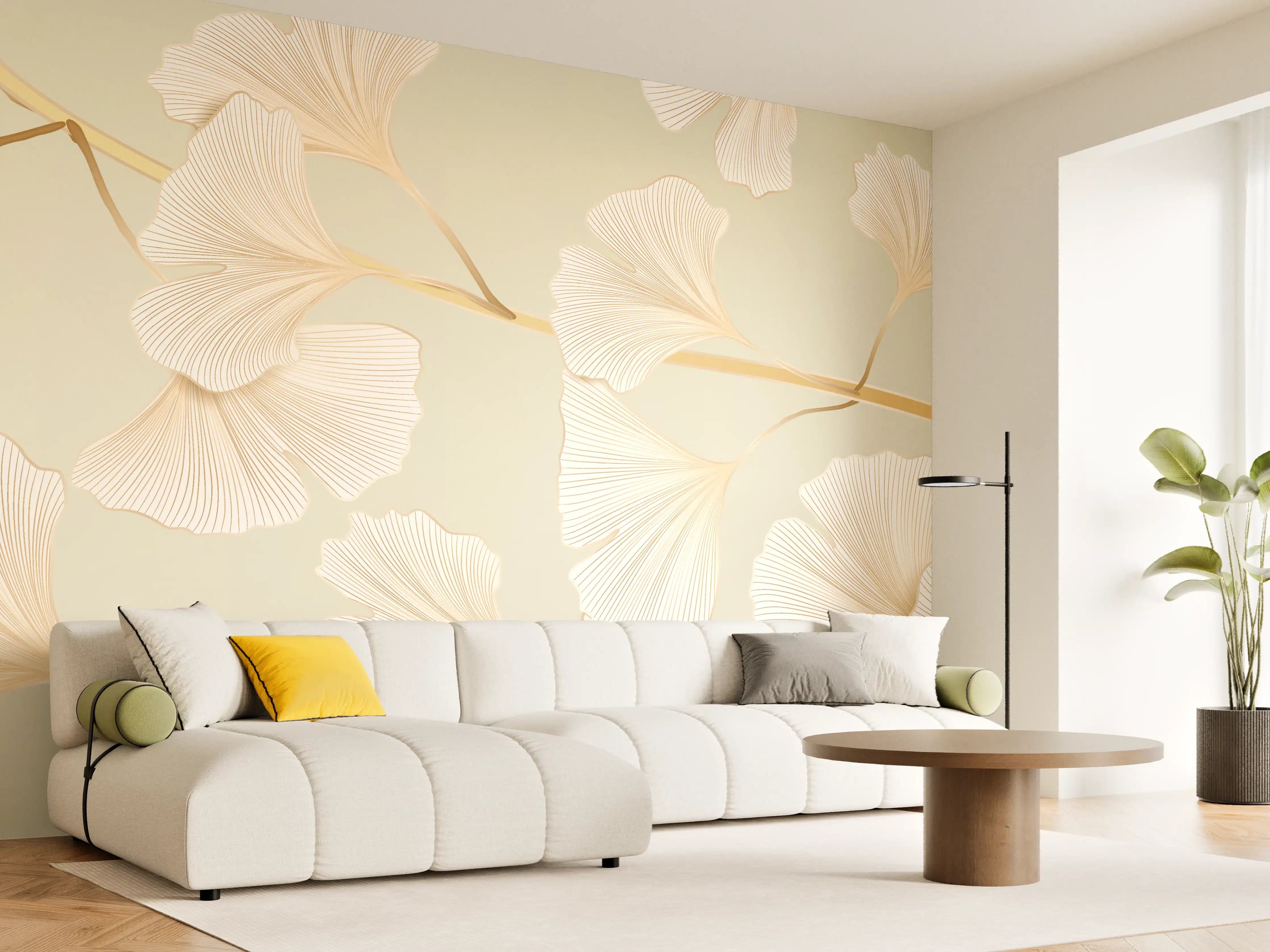 Wandverkleidung Wohnzimmer - Zarte Ginkgo-Blatt-Muster