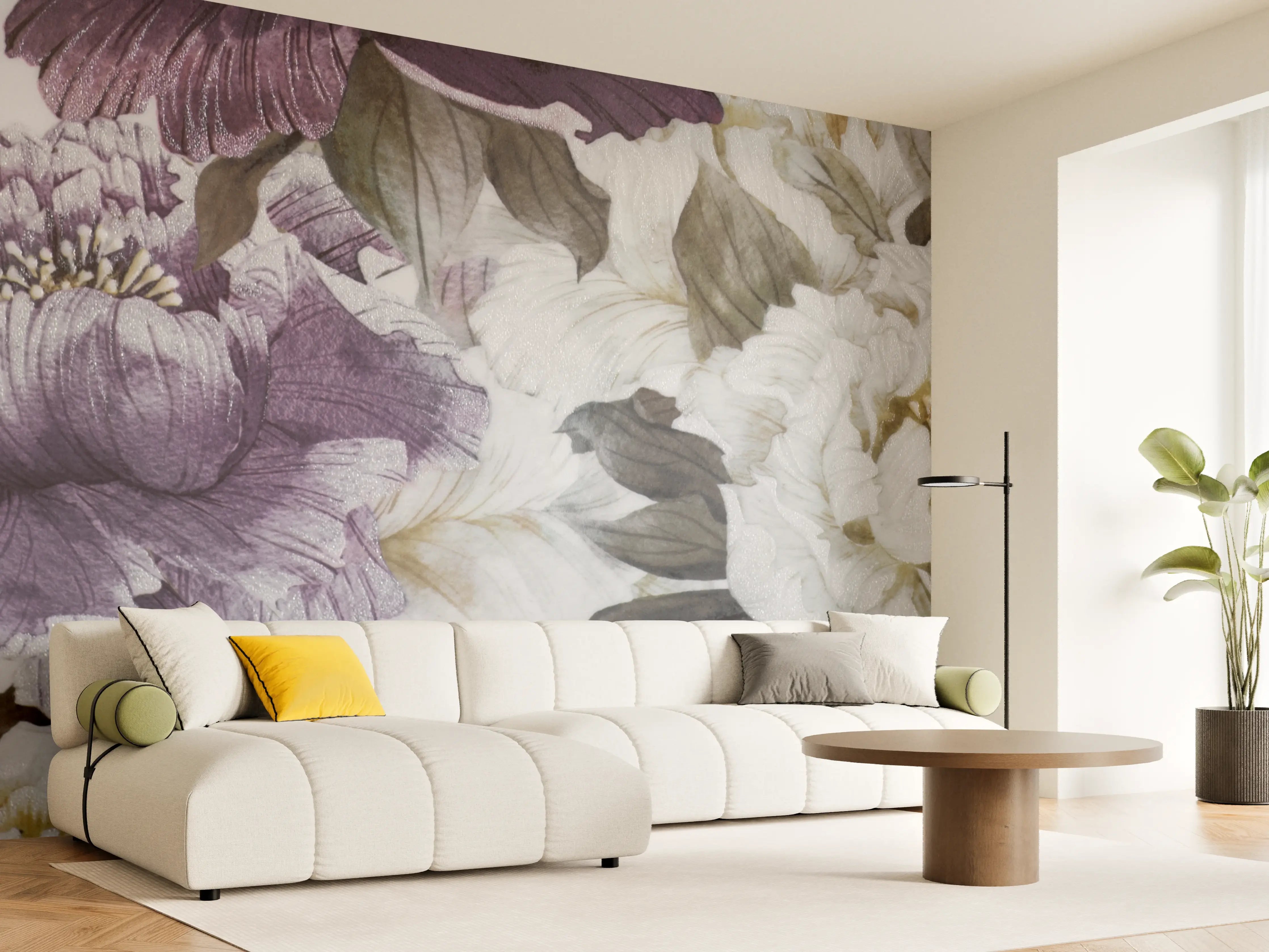 Wandverkleidung Wohnzimmer - Zarte Grautöne in Blumenmustern