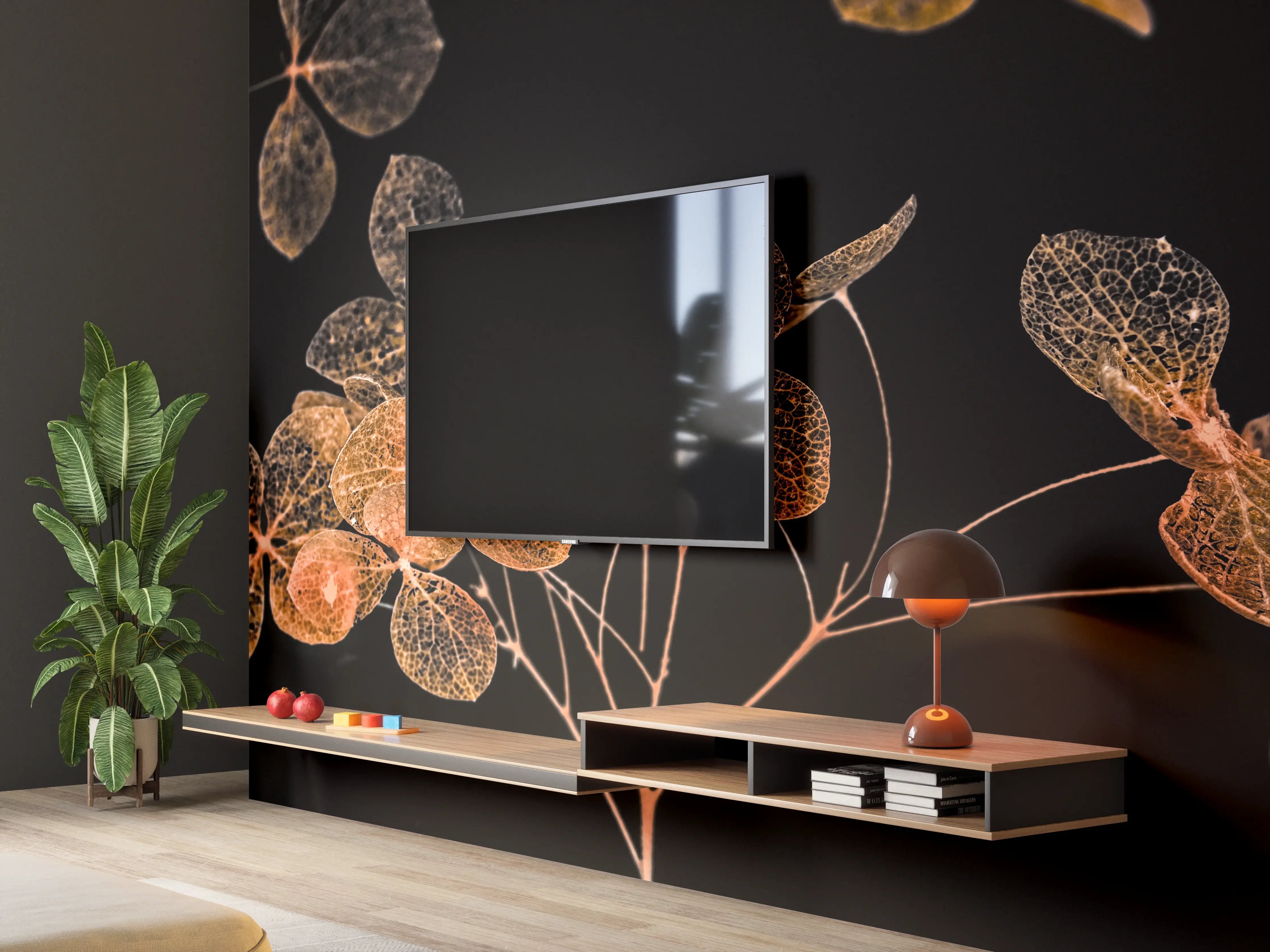 Wandverkleidung Wohnzimmer - Zarte Herbstblätter in Gold und Braun