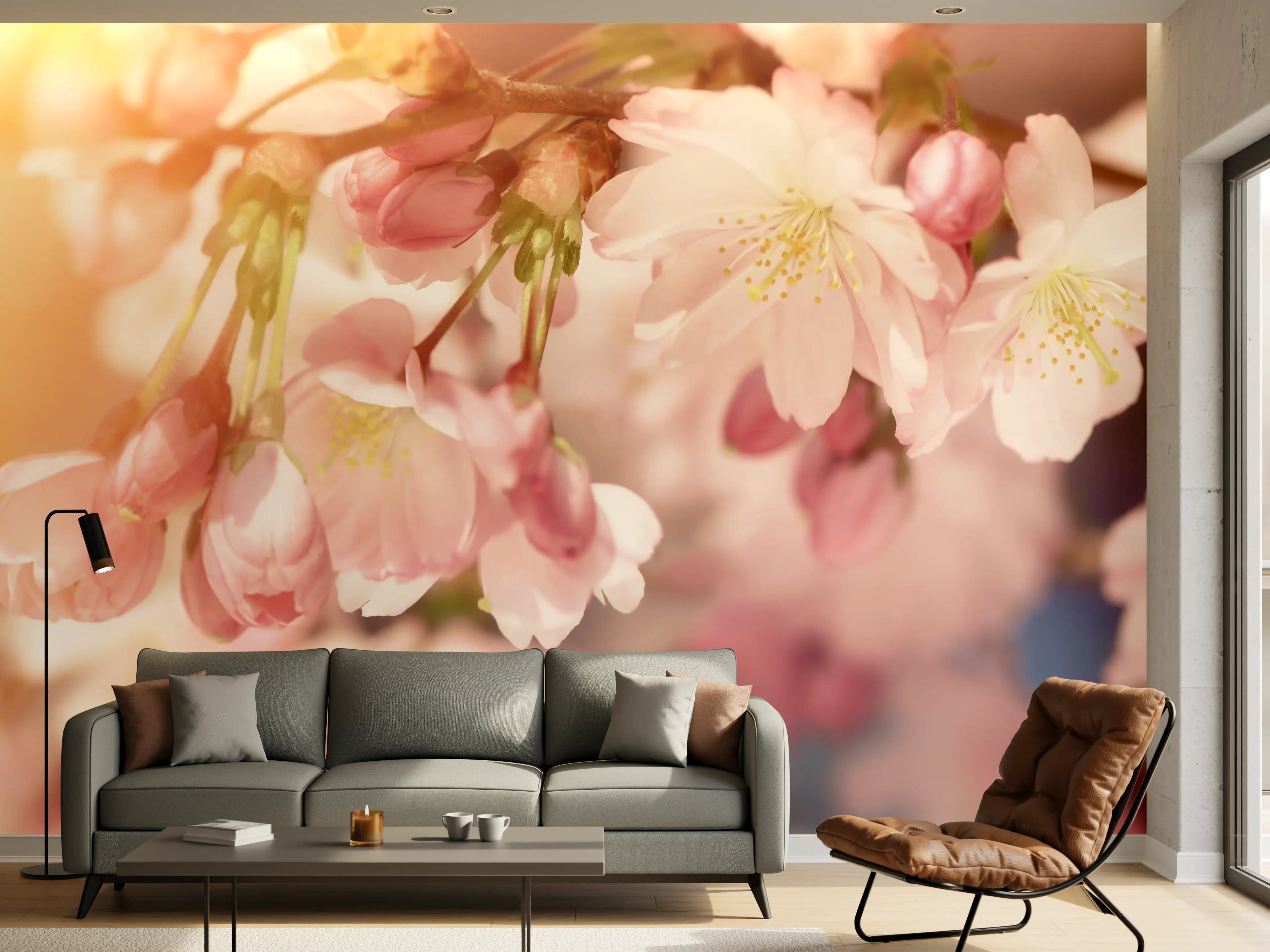 Wandverkleidung Wohnzimmer - Zarte Kirschblüten im Sonnenlicht
