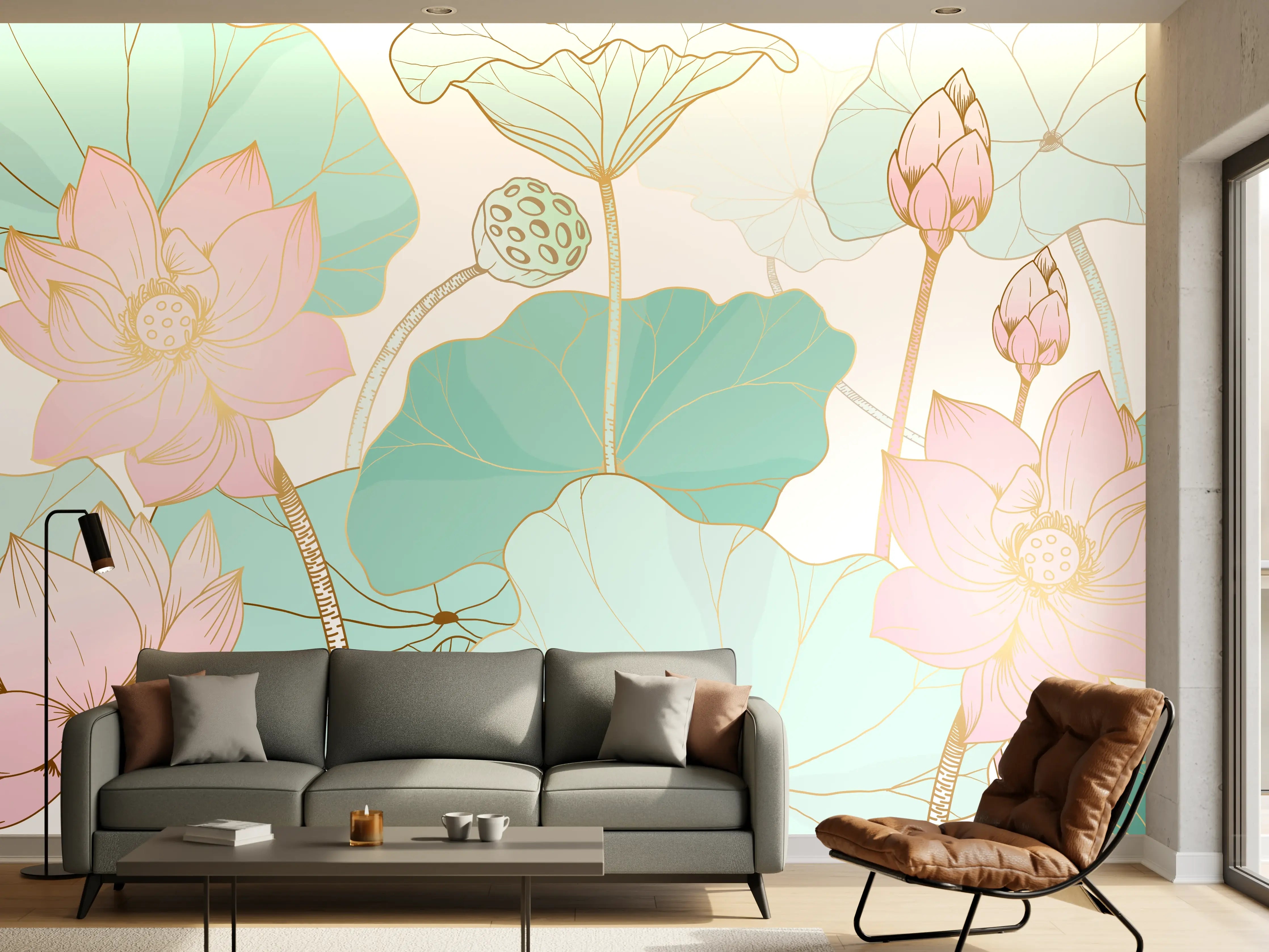 Wandverkleidung Wohnzimmer - Zarte Lotusblüten Pastellfarben
