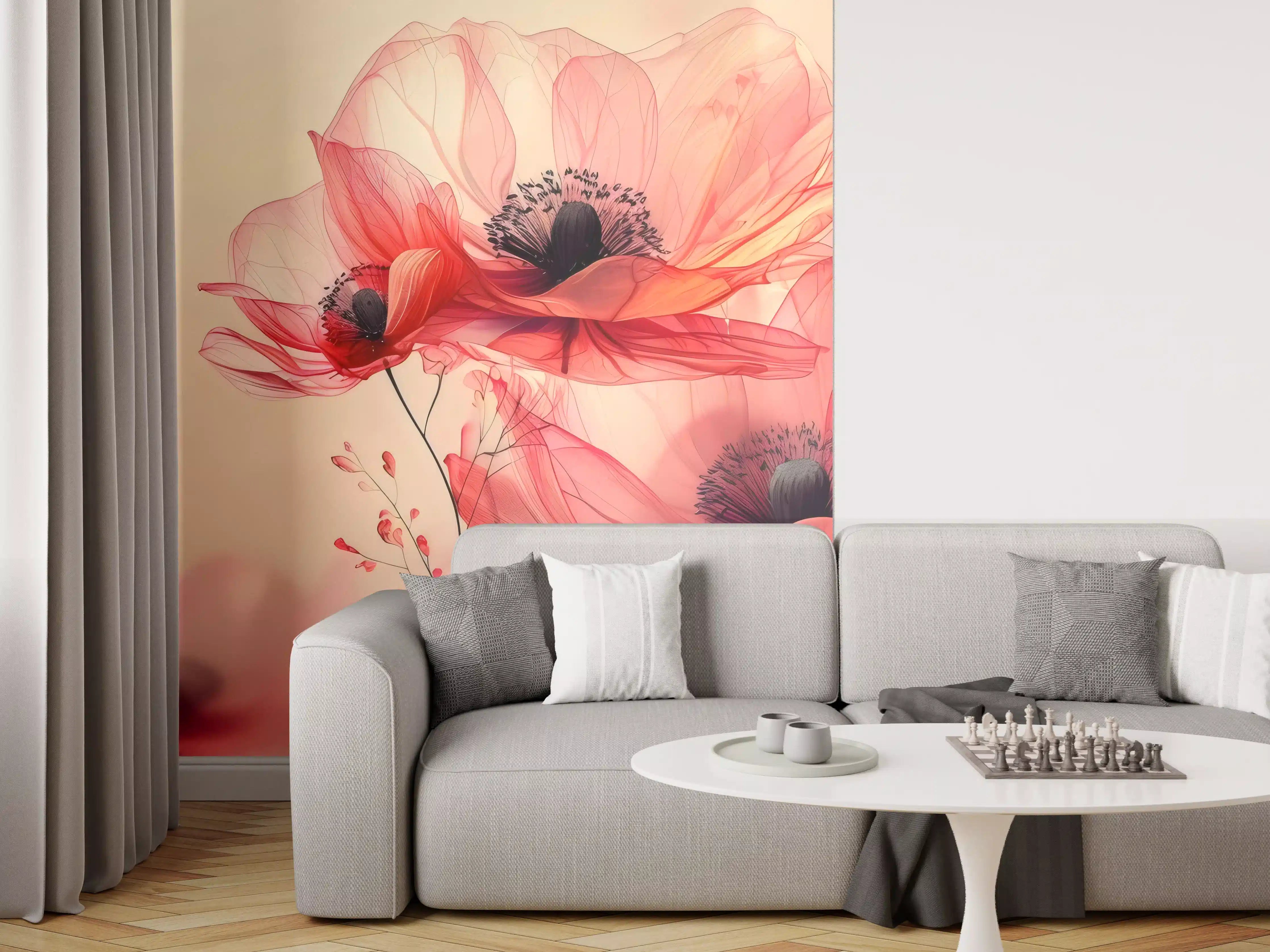Wandverkleidung Wohnzimmer - Zarte Mohnblüten in Rosa