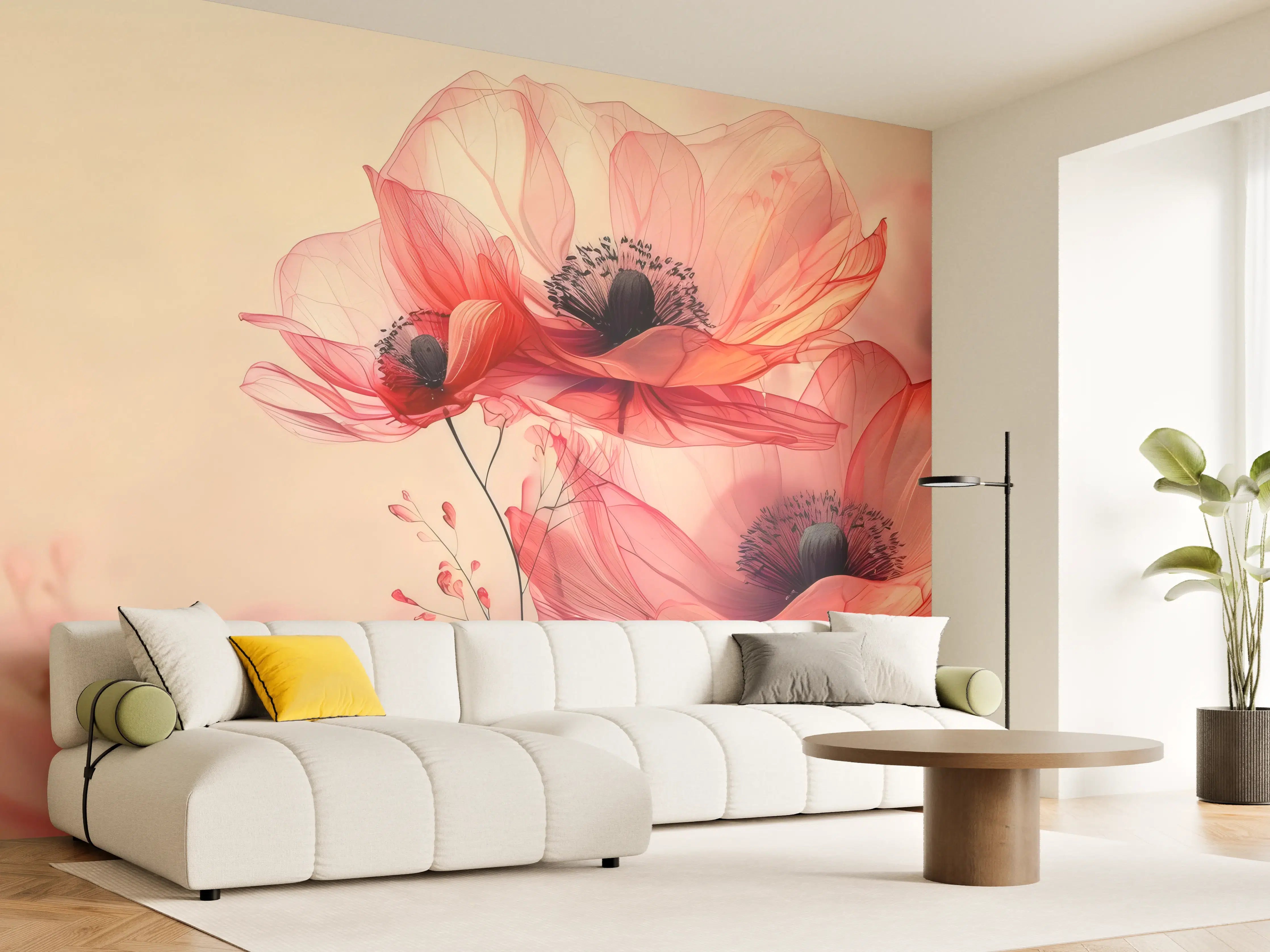Wandverkleidung Wohnzimmer - Zarte Mohnblüten in Rosa