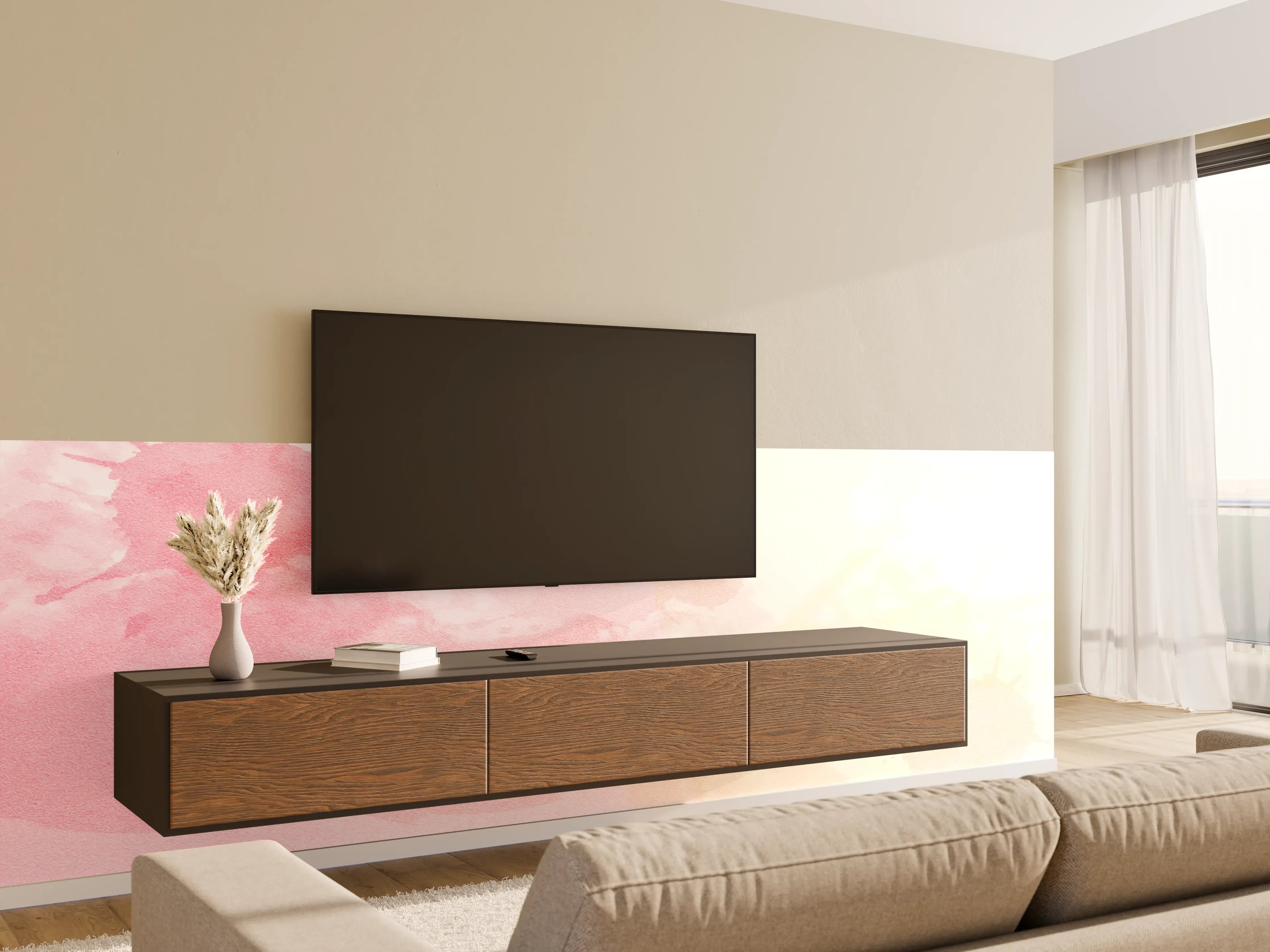 Wandverkleidung Wohnzimmer - Zarte Rosé-Wasserfarb-Deko