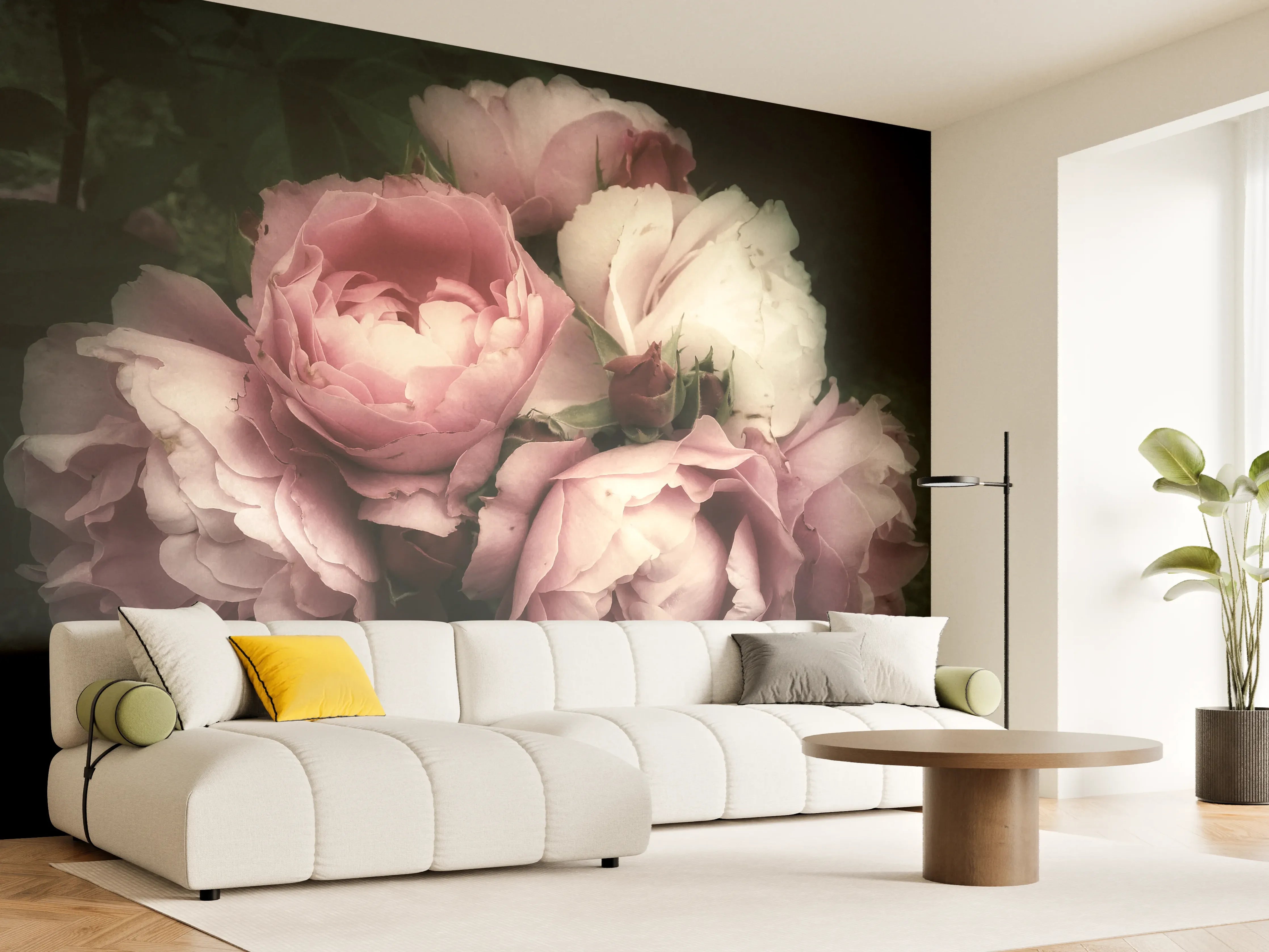 Wandverkleidung Wohnzimmer - Zarte Rosenpracht im Garten