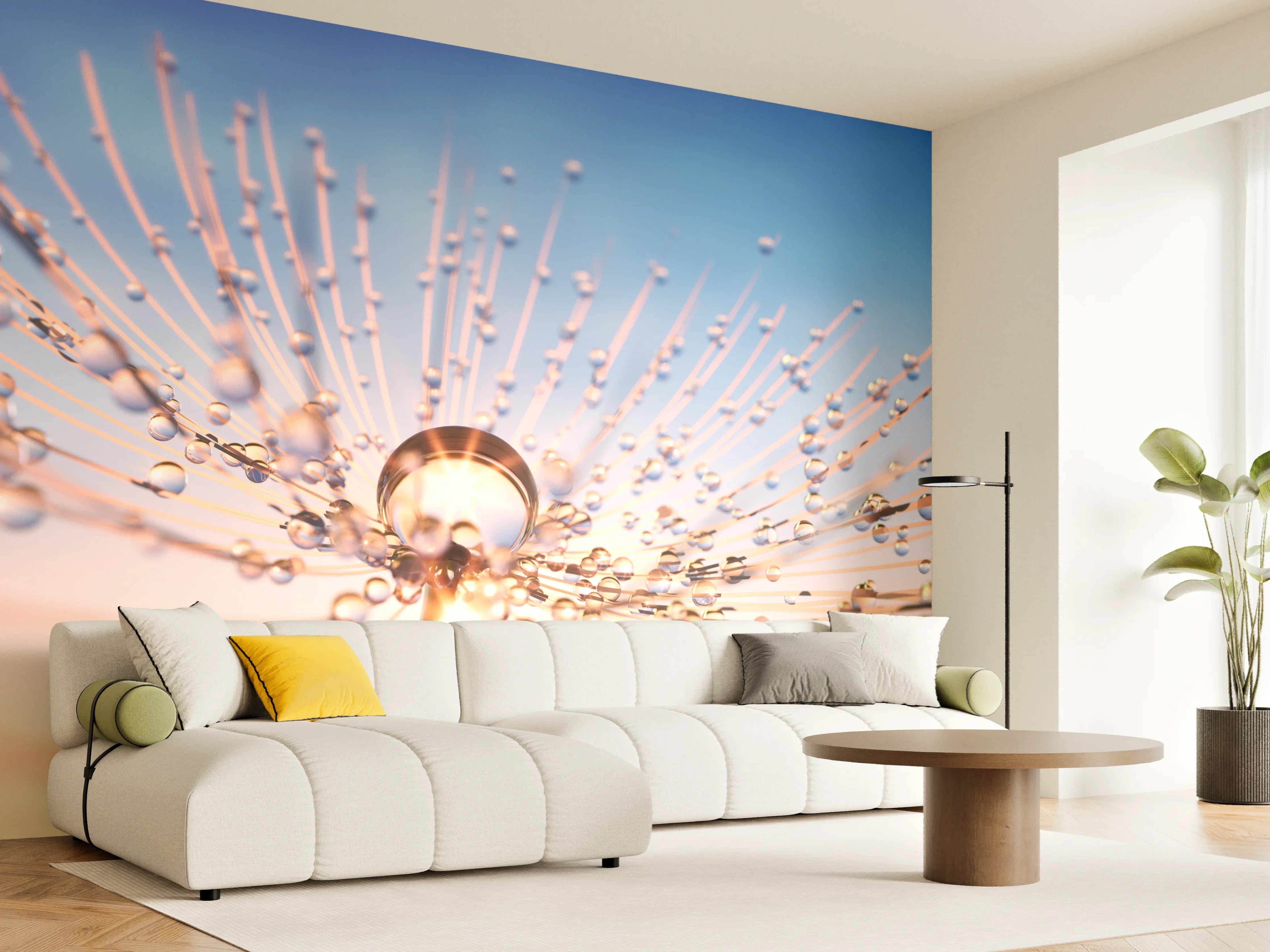 Wandverkleidung Wohnzimmer - Zarte Tautropfen auf einer Pflanze