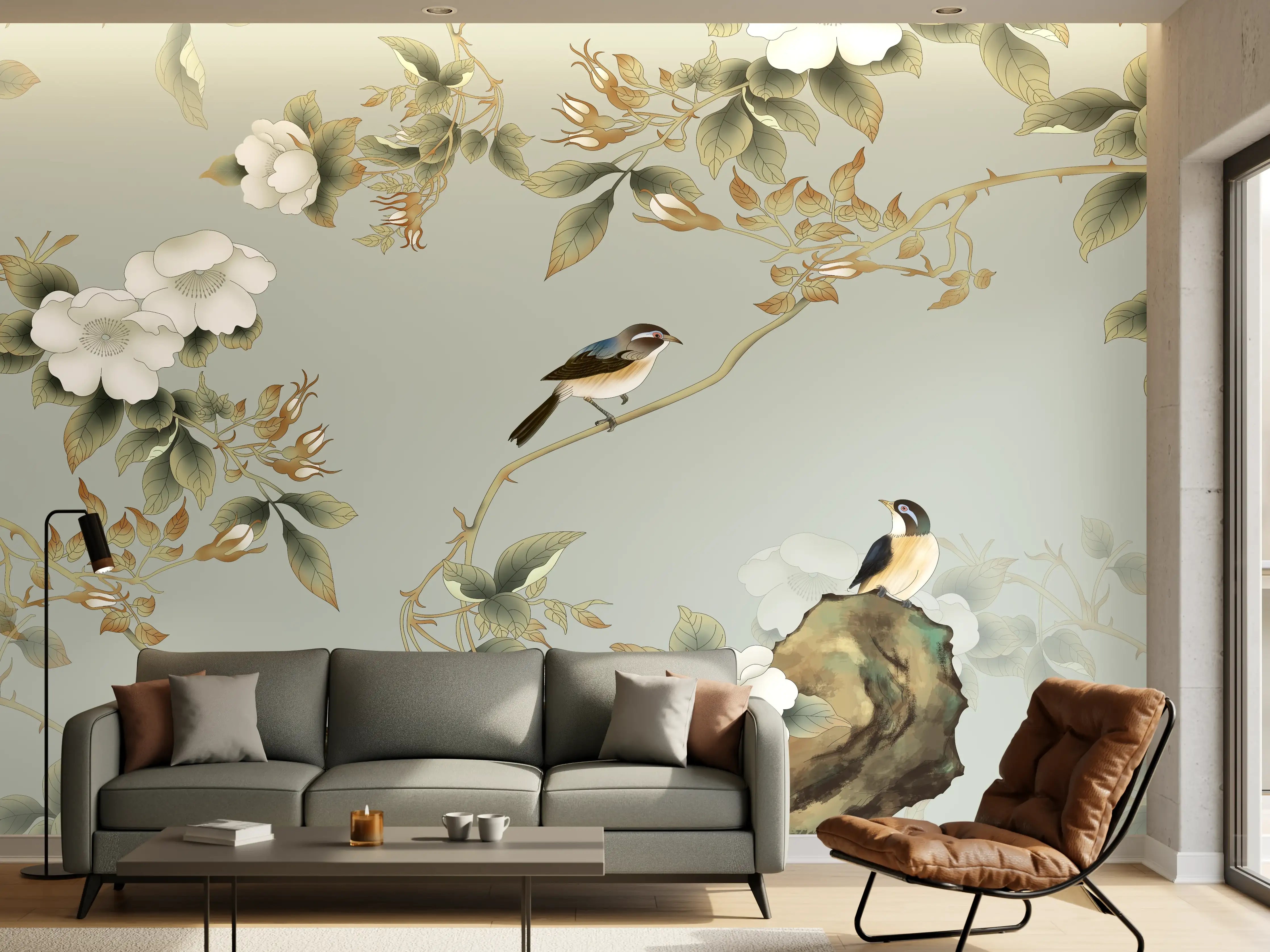 Wandverkleidung Wohnzimmer - Zarte Vogelwelt im Blumen-Design