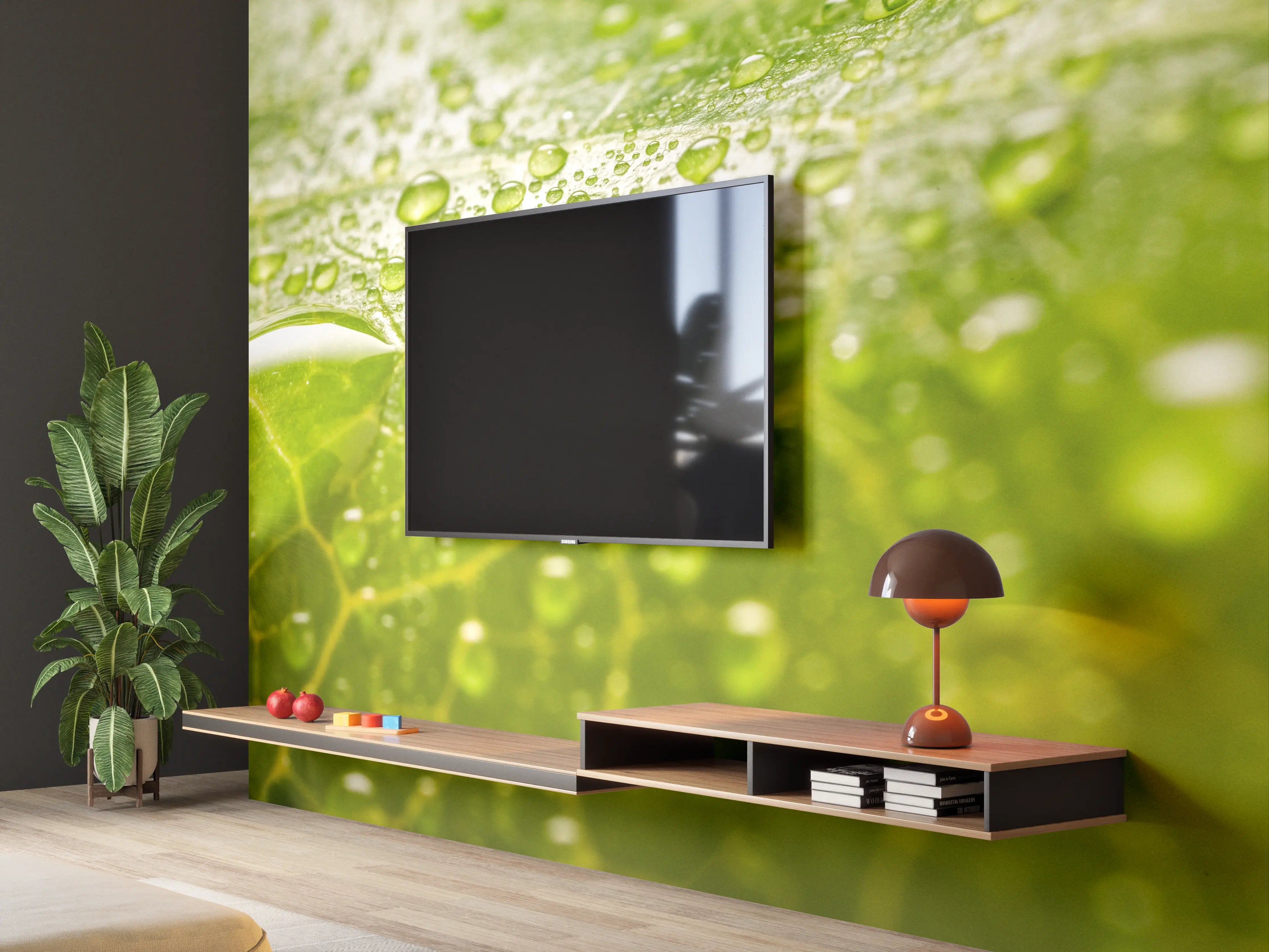 Wandverkleidung Wohnzimmer - Zarte grüne Blätter mit silbrigen Tautropfen