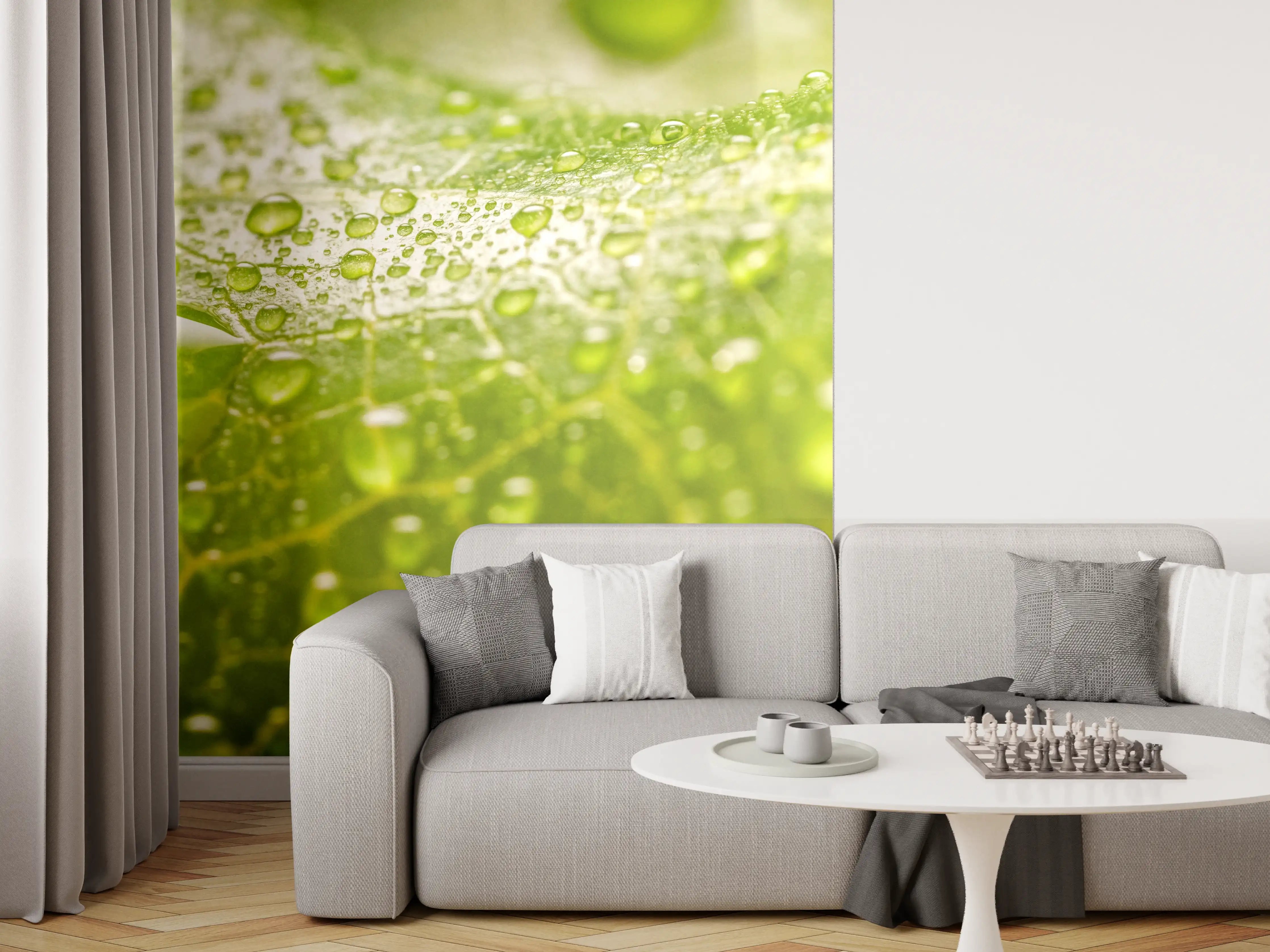 Wandverkleidung Wohnzimmer - Zarte grüne Blätter mit silbrigen Tautropfen