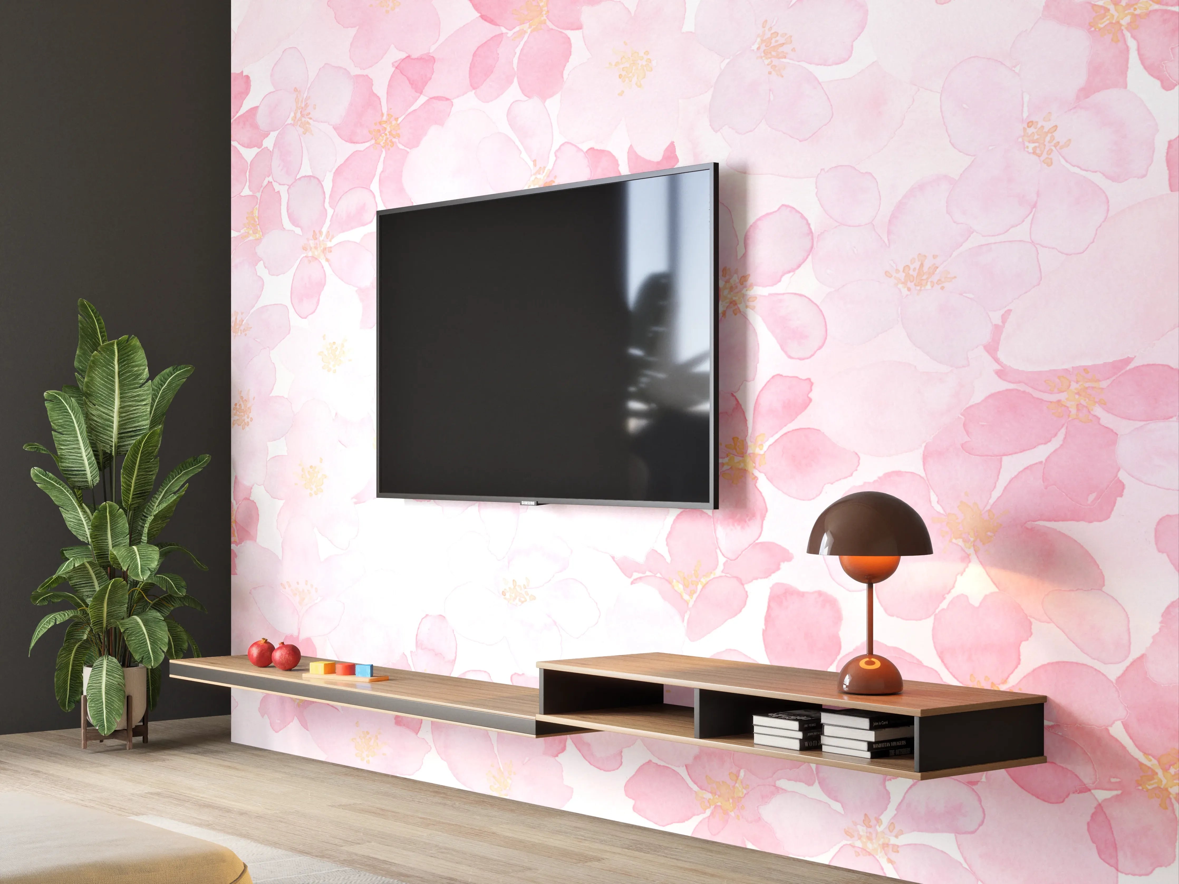 Wandverkleidung Wohnzimmer - Zarte rosa Blüten im Wasserfarbenstil