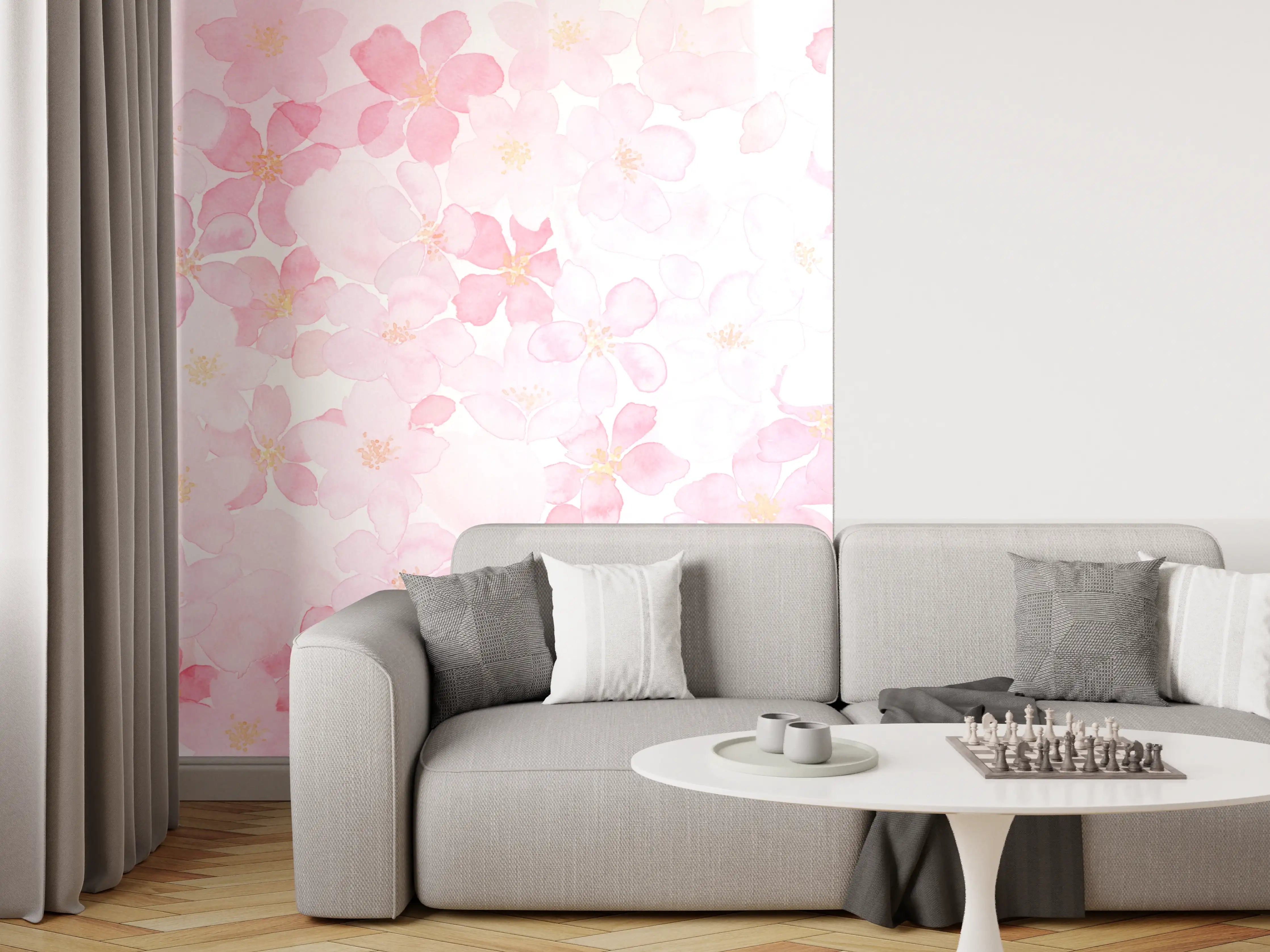Wandverkleidung Wohnzimmer - Zarte rosa Blüten im Wasserfarbenstil