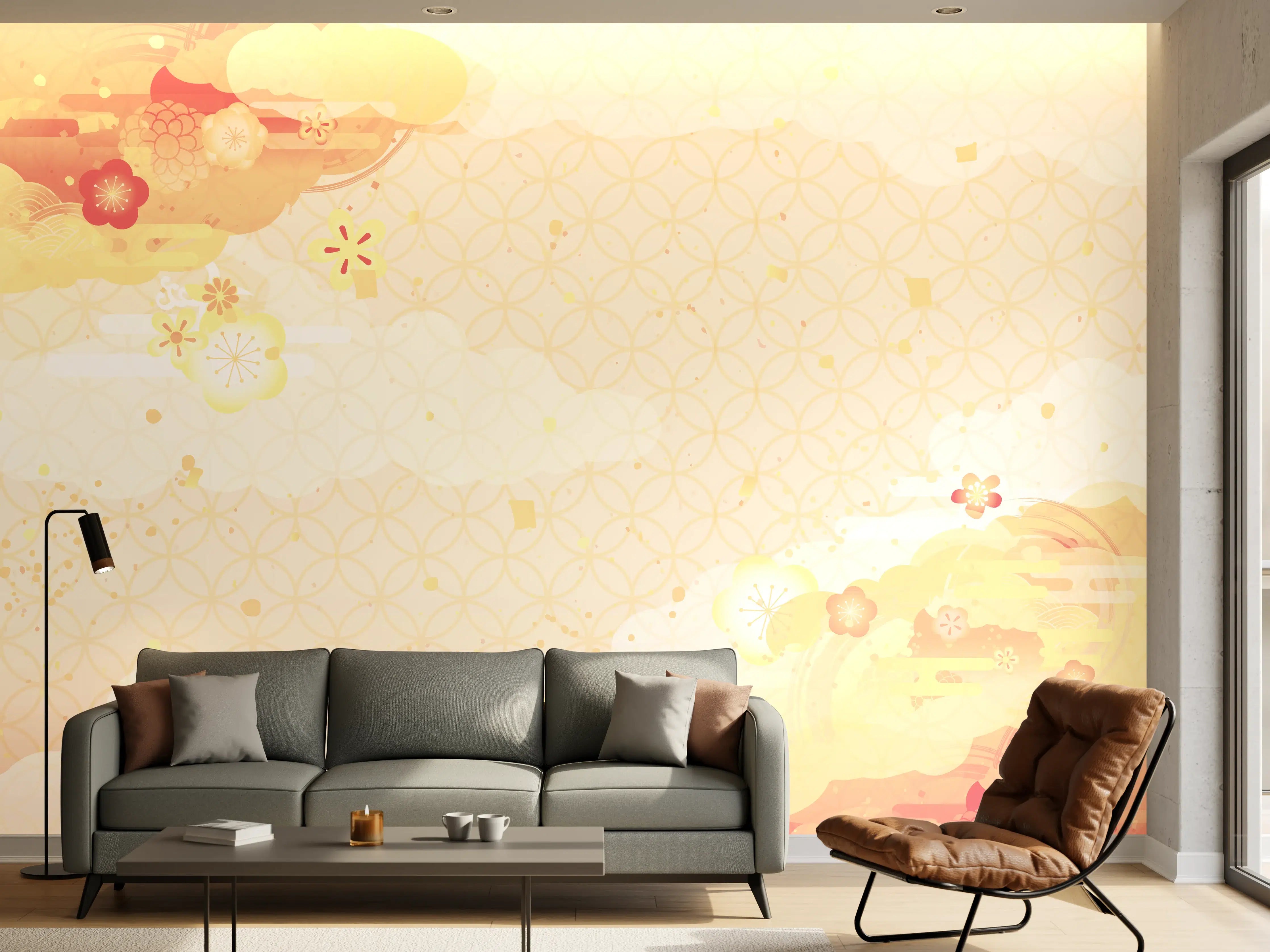 Wandverkleidung Wohnzimmer - Zarte und elegante japanische Musterwandgestaltung