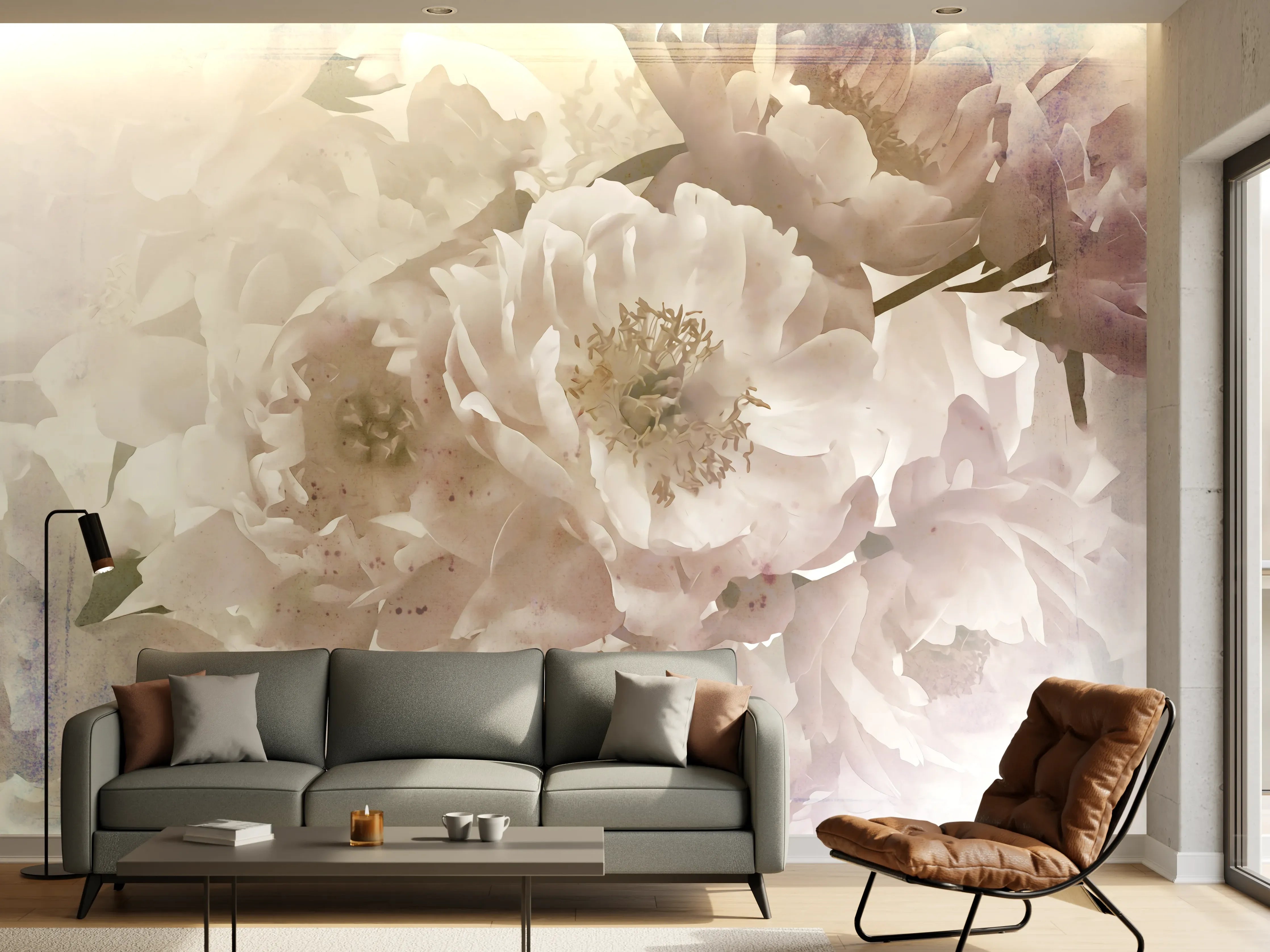 Wandverkleidung Wohnzimmer - Zarte weiße Blumen im Wasserfarbenstil