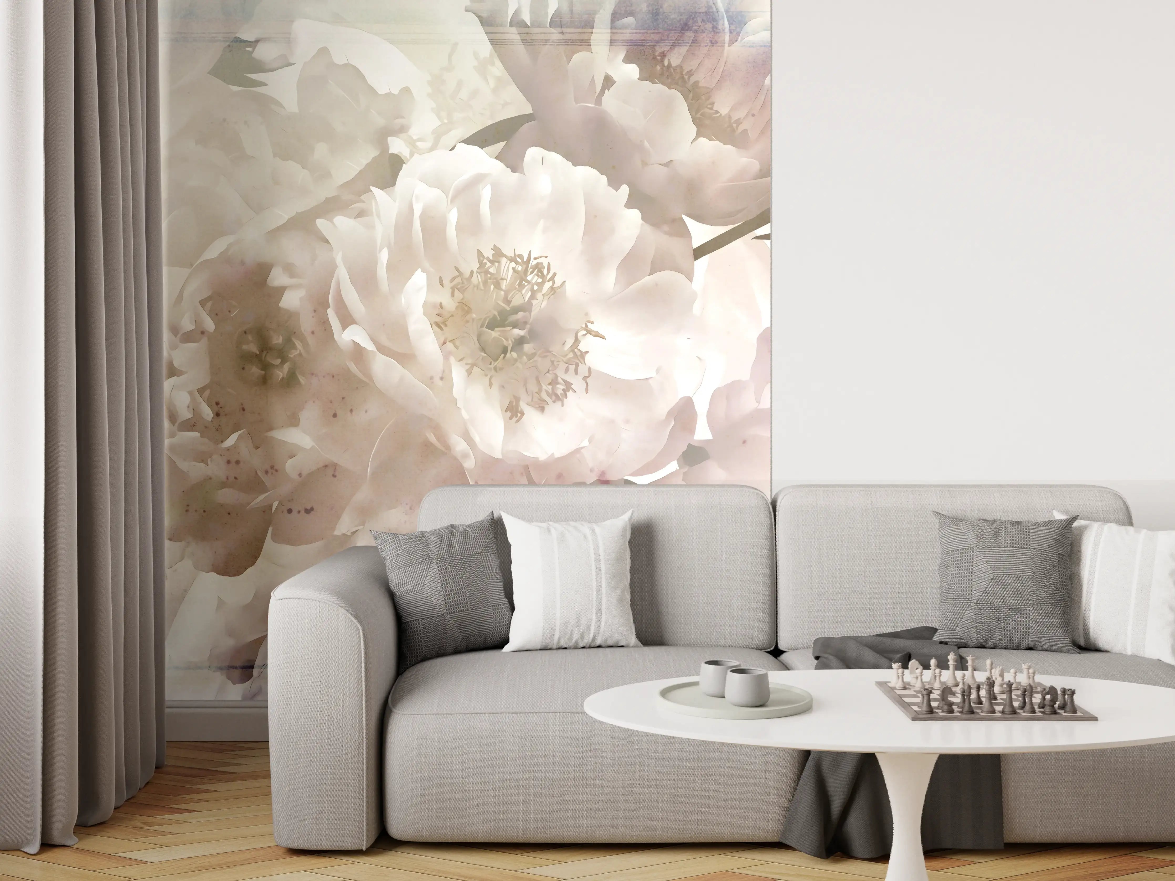 Wandverkleidung Wohnzimmer - Zarte weiße Blumen im Wasserfarbenstil