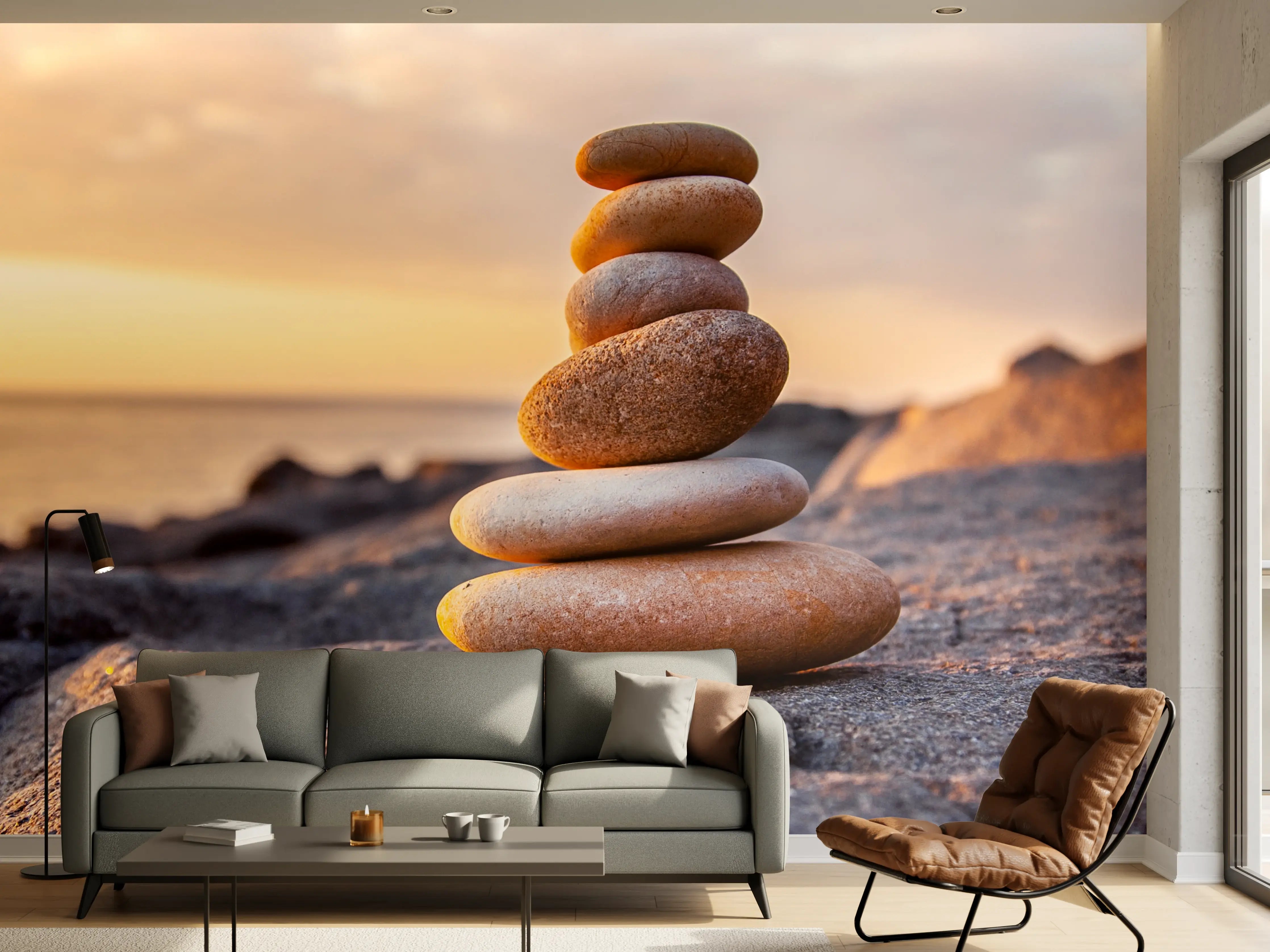Wandverkleidung Wohnzimmer - Zauberhafte Steine am Strand bei Sonnenuntergang