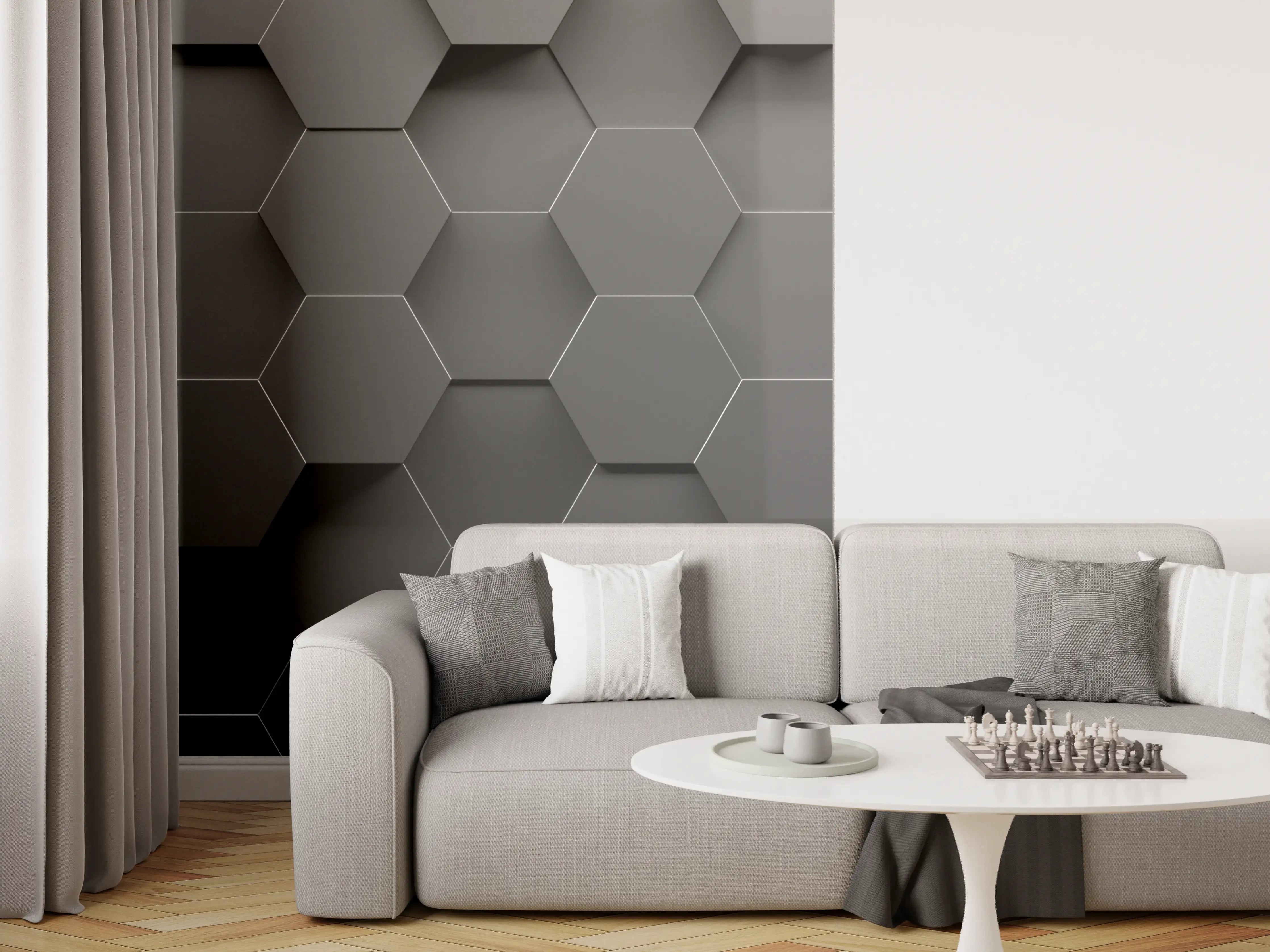 Wandverkleidung Wohnzimmer - Zeitlose Graugeometrie an der Wand