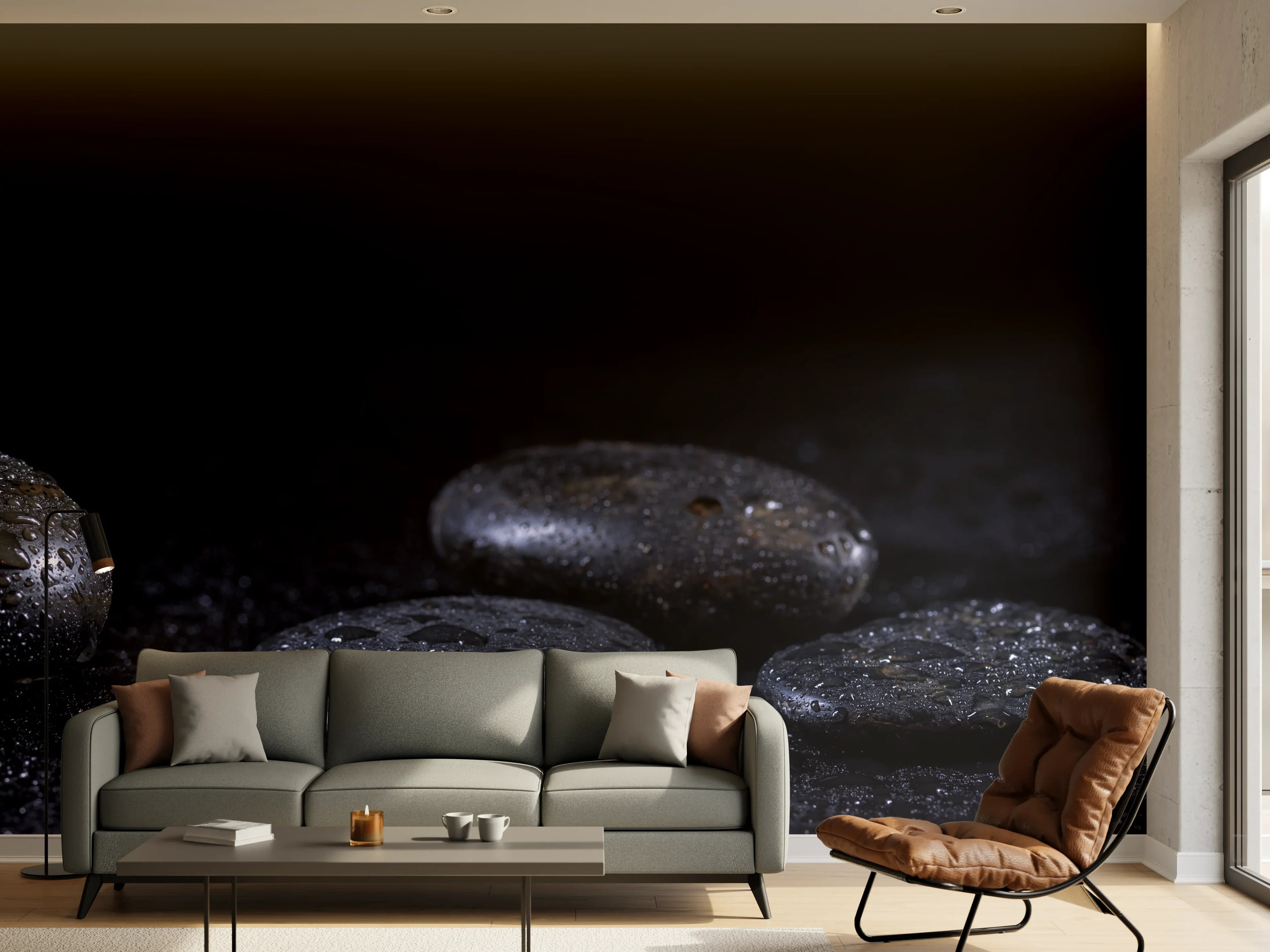 Wandverkleidung Wohnzimmer - Zen - Schwarze Steine