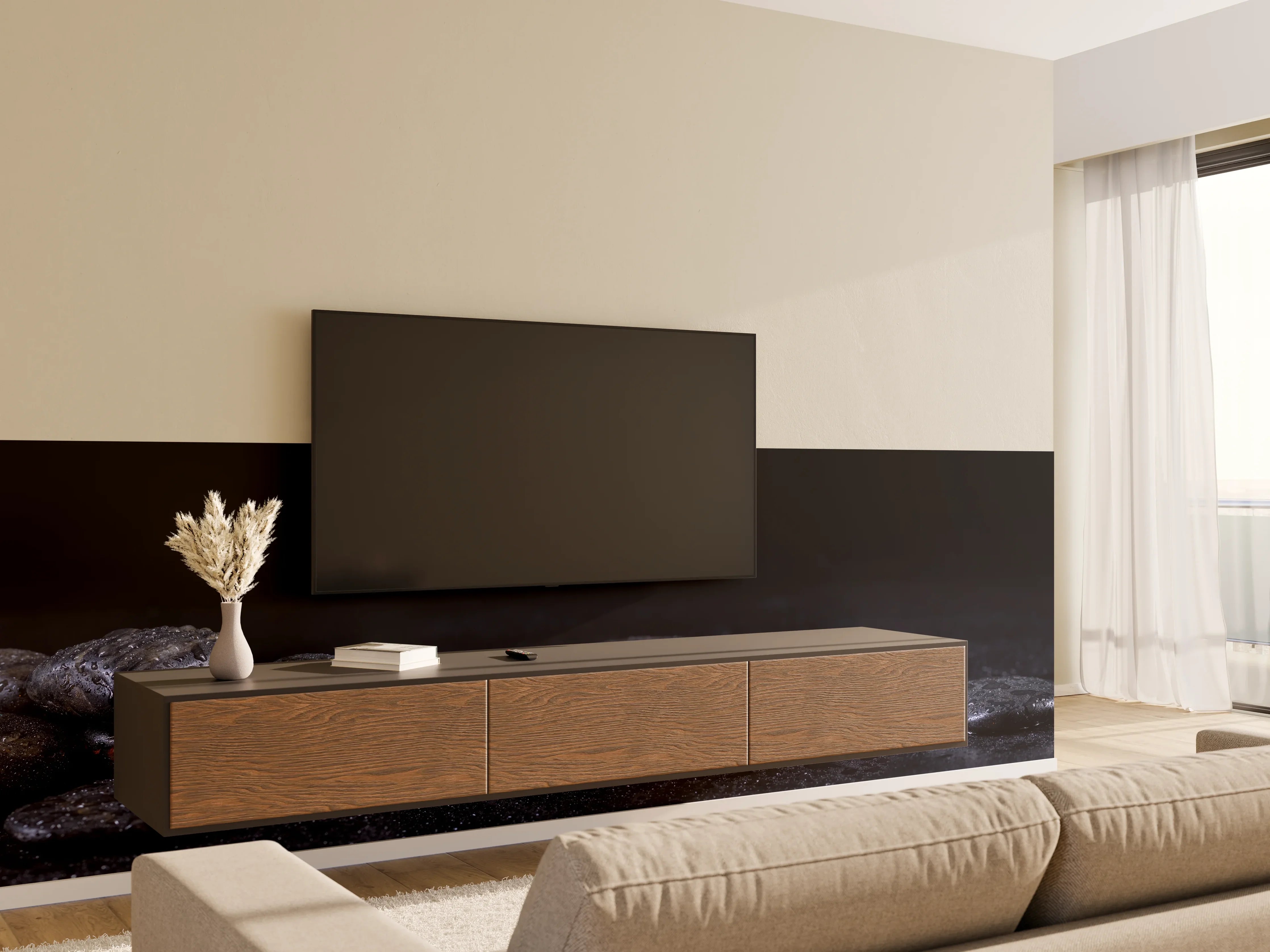 Wandverkleidung Wohnzimmer - Zen - Schwarze Steine