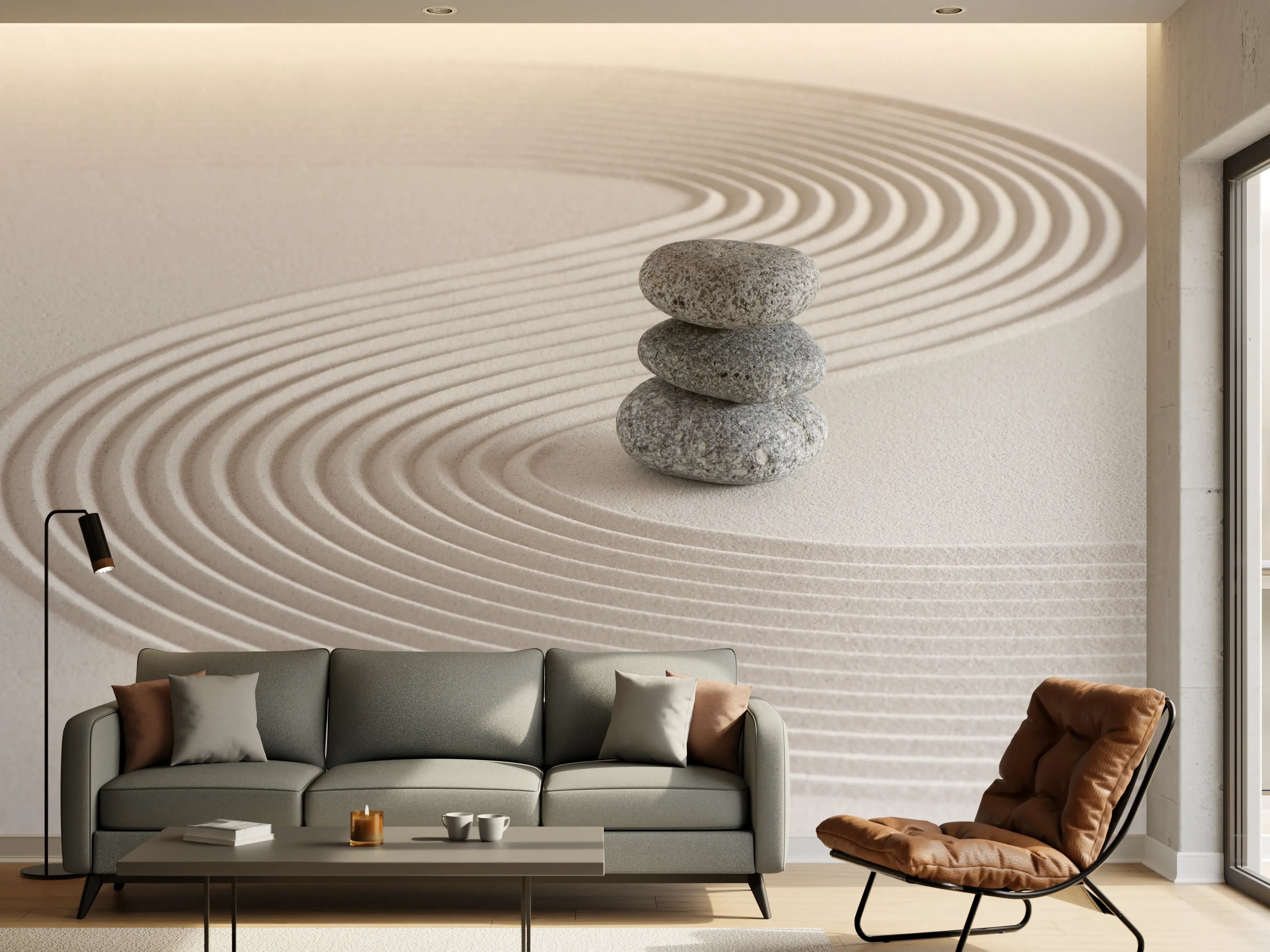 Wandverkleidung Wohnzimmer - Zen Garten Steine und Sandmuster