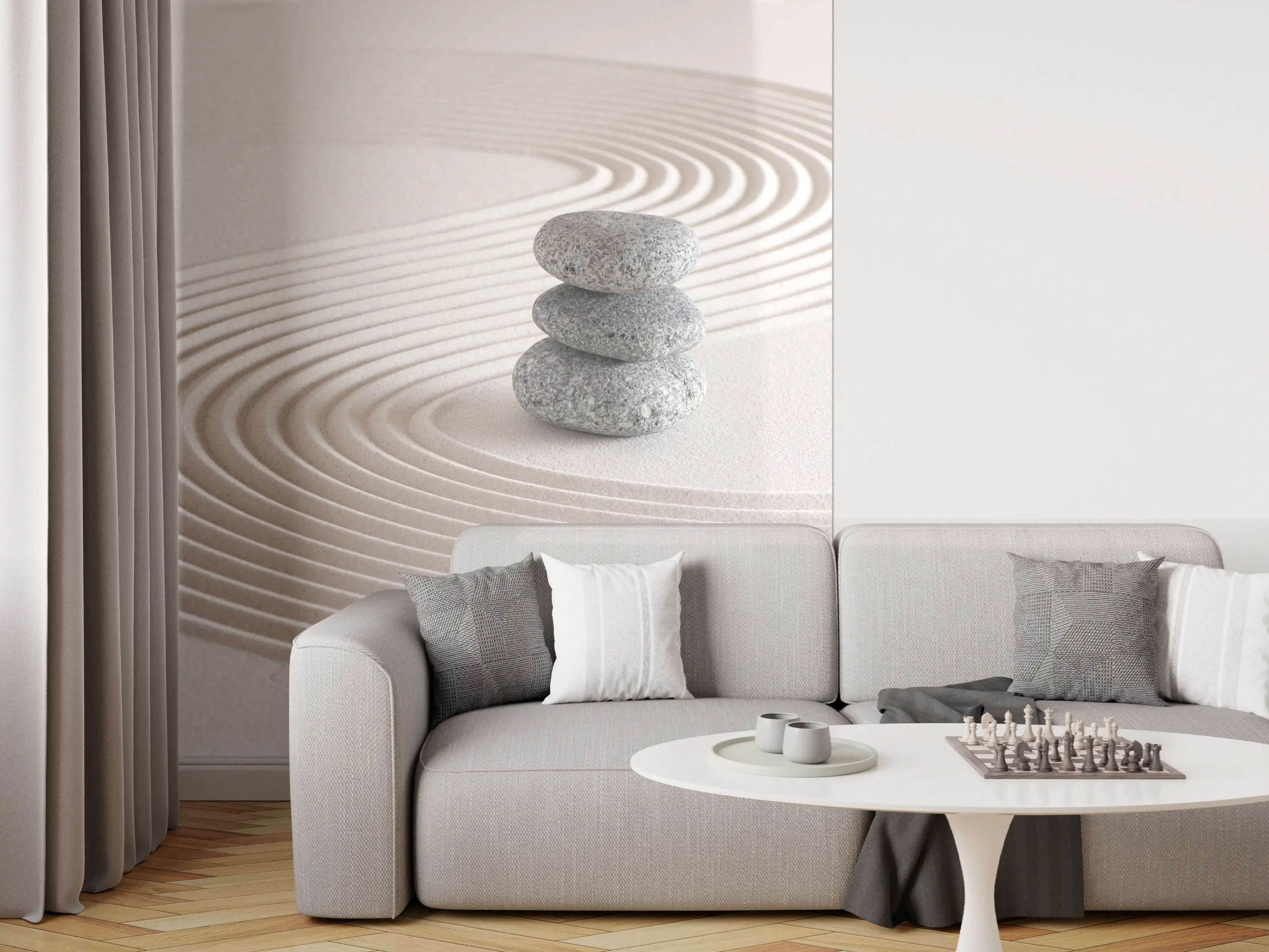 Wandverkleidung Wohnzimmer - Zen Garten Steine und Sandmuster