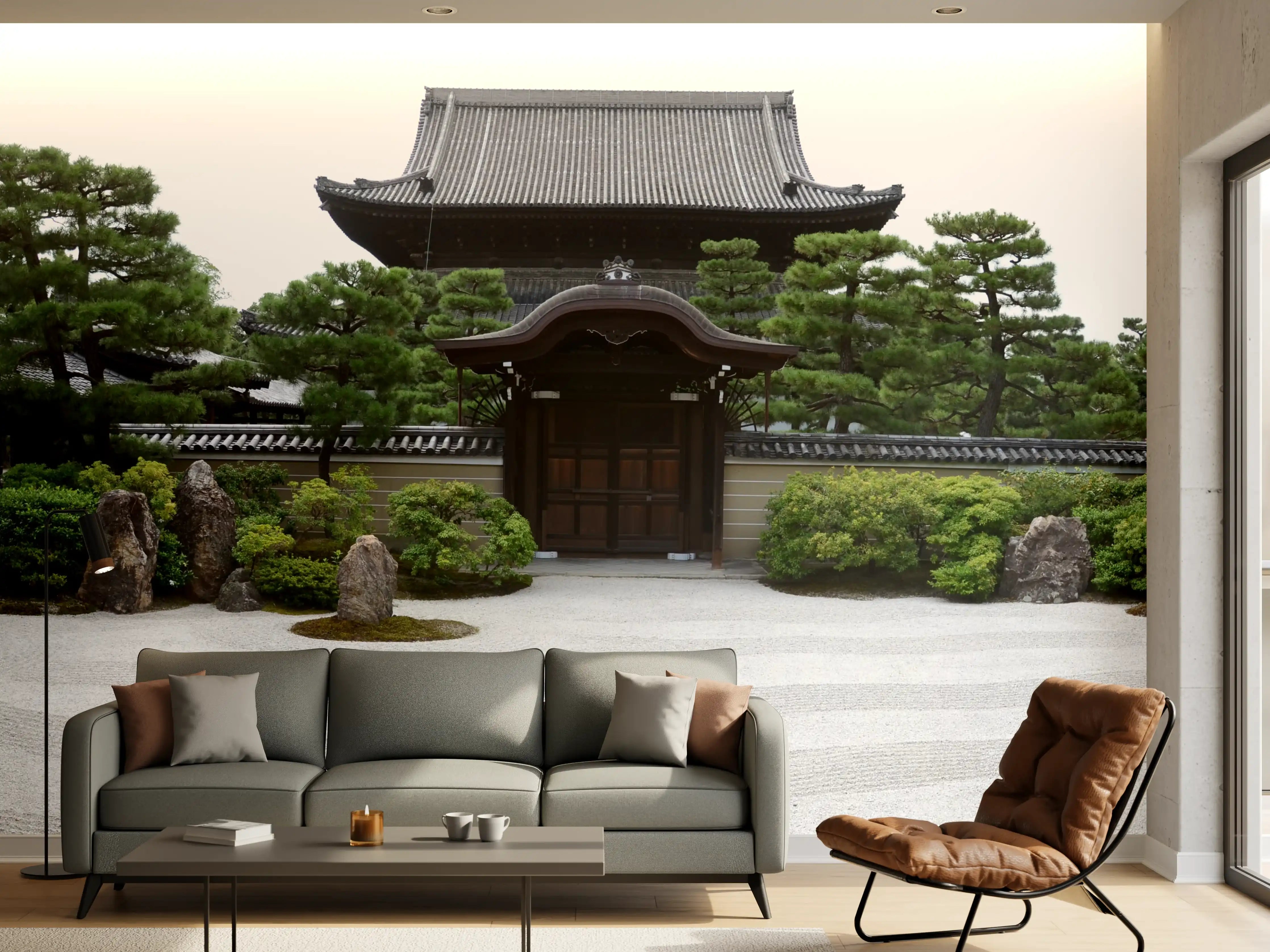 Wandverkleidung Wohnzimmer - Zen Garten mit Tor und Steinen
