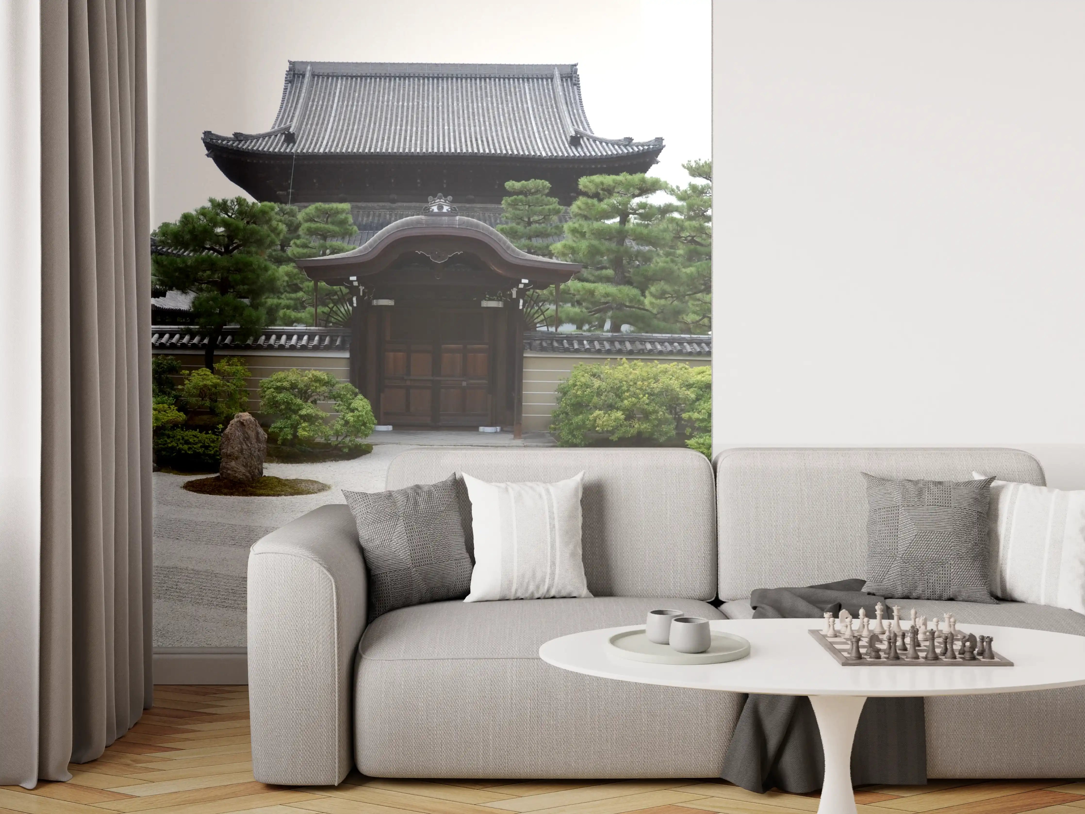 Wandverkleidung Wohnzimmer - Zen Garten mit Tor und Steinen
