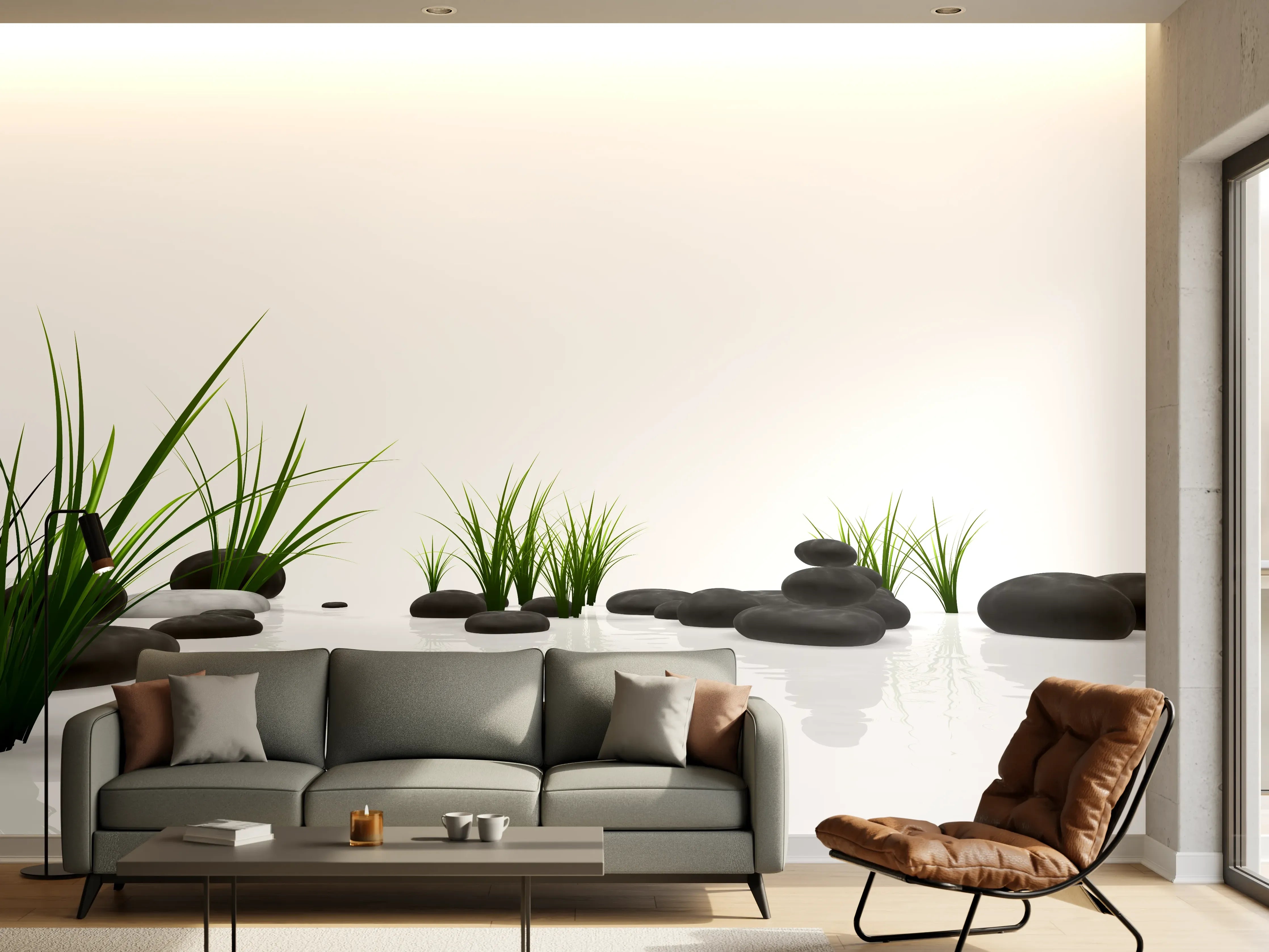Wandverkleidung Wohnzimmer - Zen Garten mit schwarzen Steinen und grünem Moos