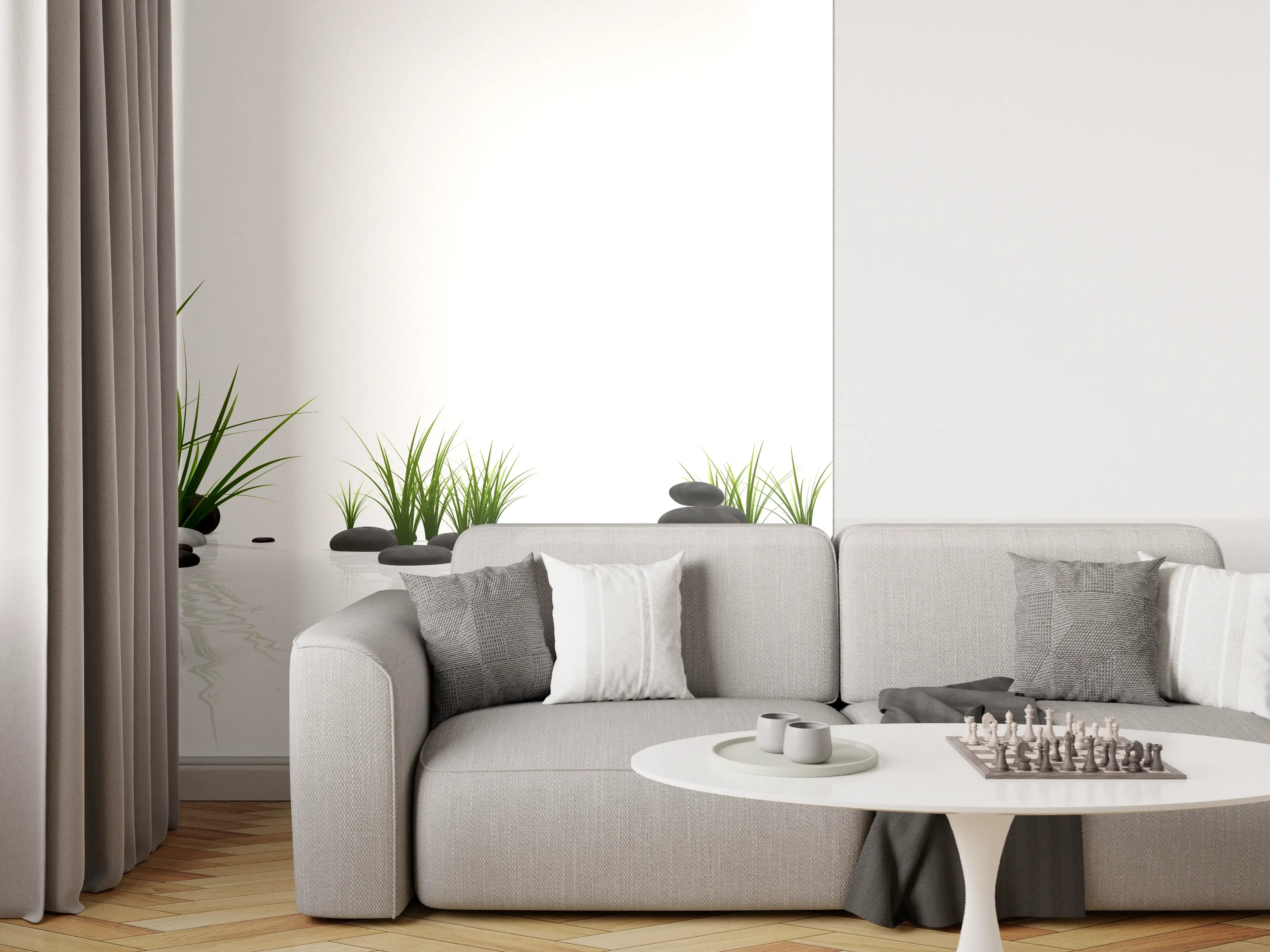 Wandverkleidung Wohnzimmer - Zen Garten mit schwarzen Steinen und grünem Moos