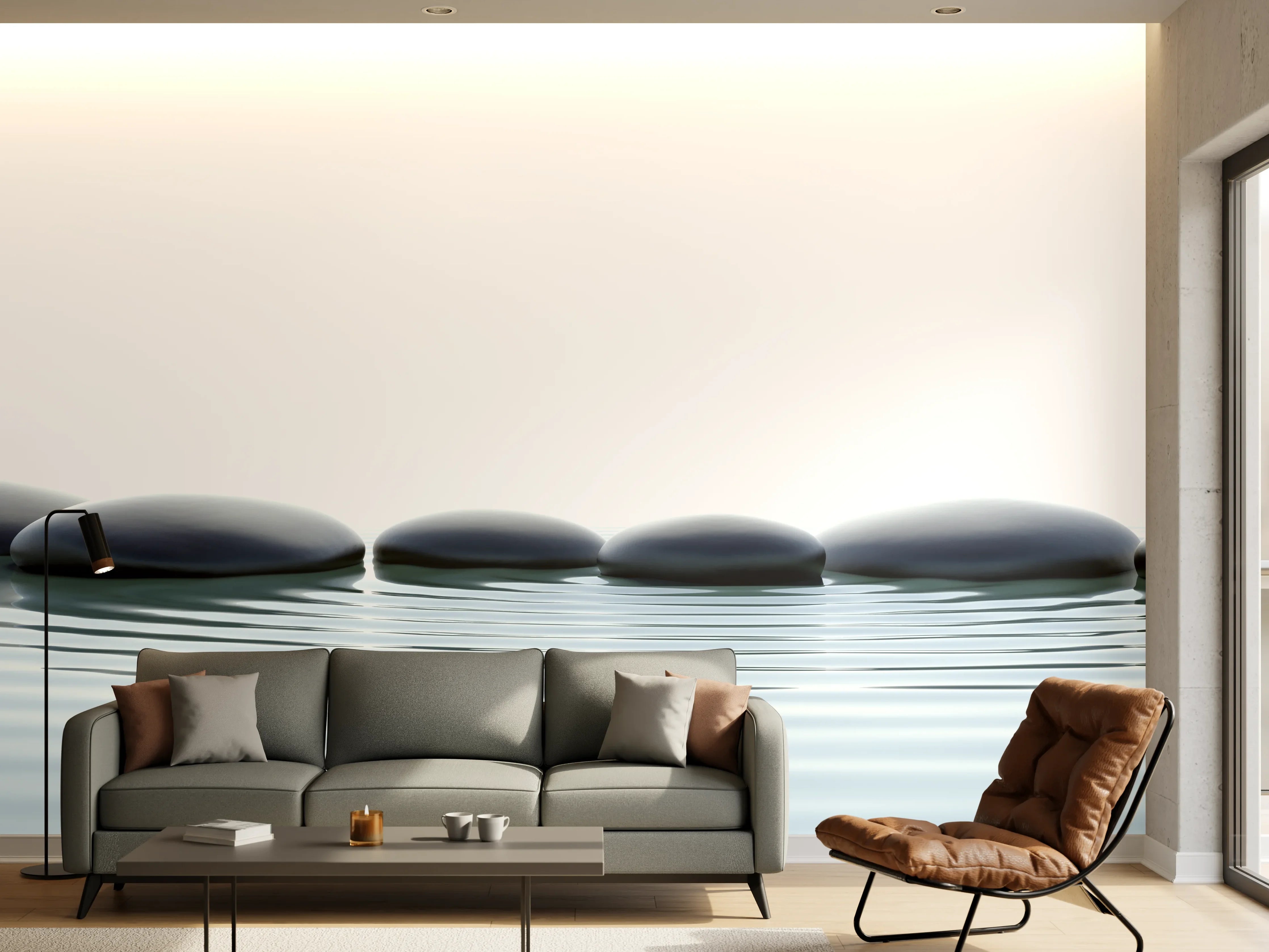 Wandverkleidung Wohnzimmer - Zen Steine am Wasser