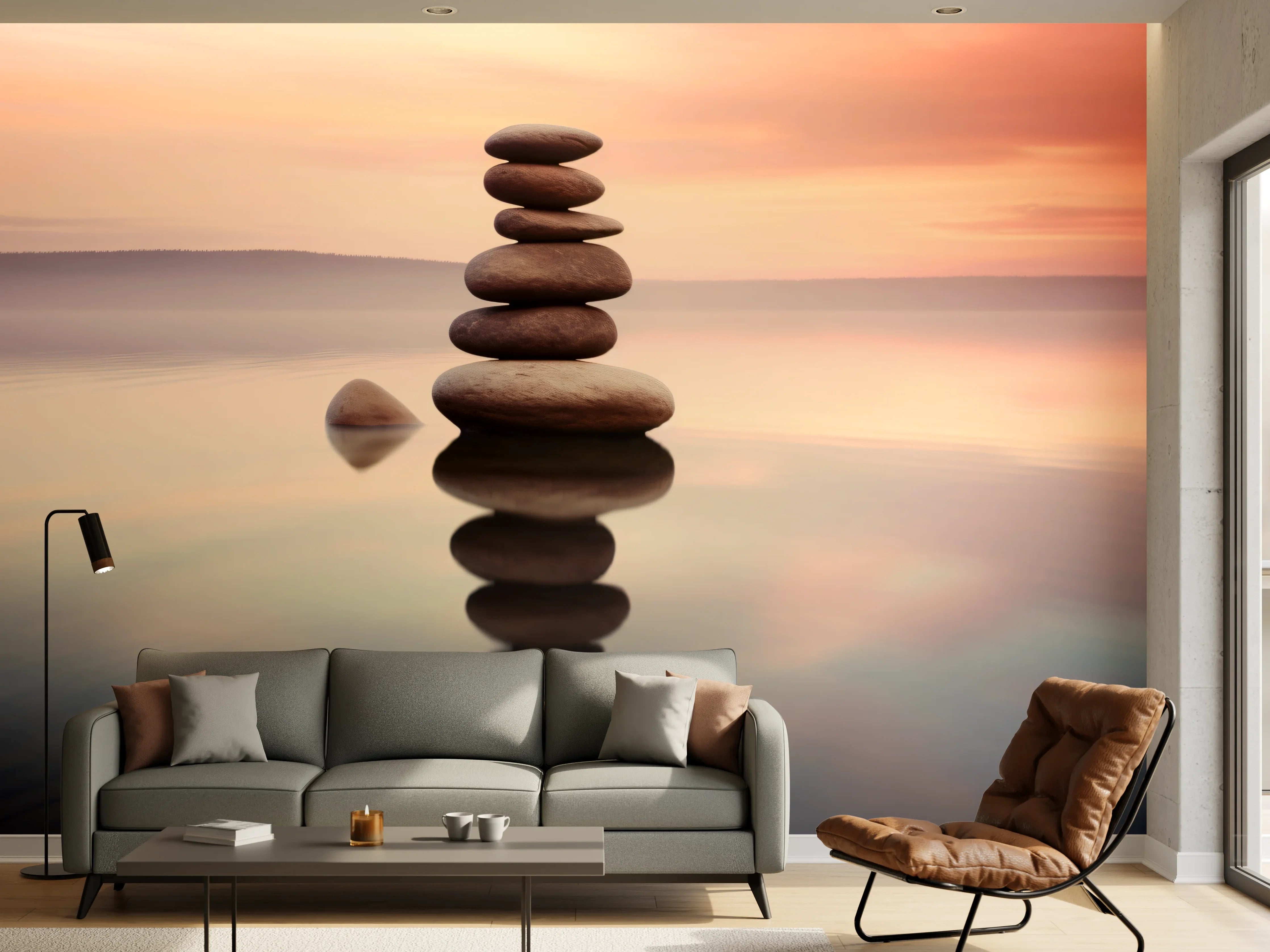 Wandverkleidung Wohnzimmer - Zen-Steine am rosa Sonnenuntergang