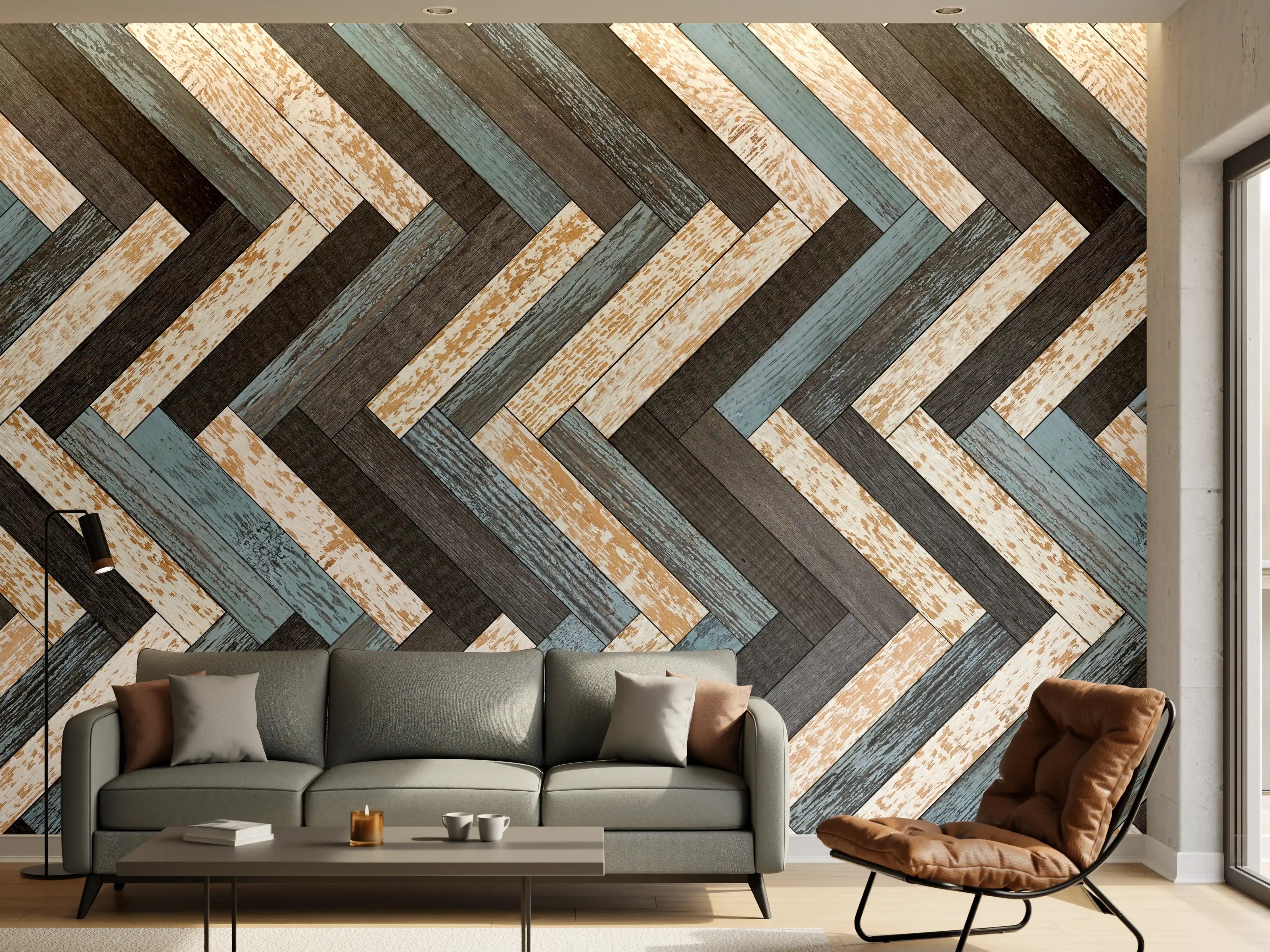 Wandverkleidung Wohnzimmer - Zickzackförmige Holztextur