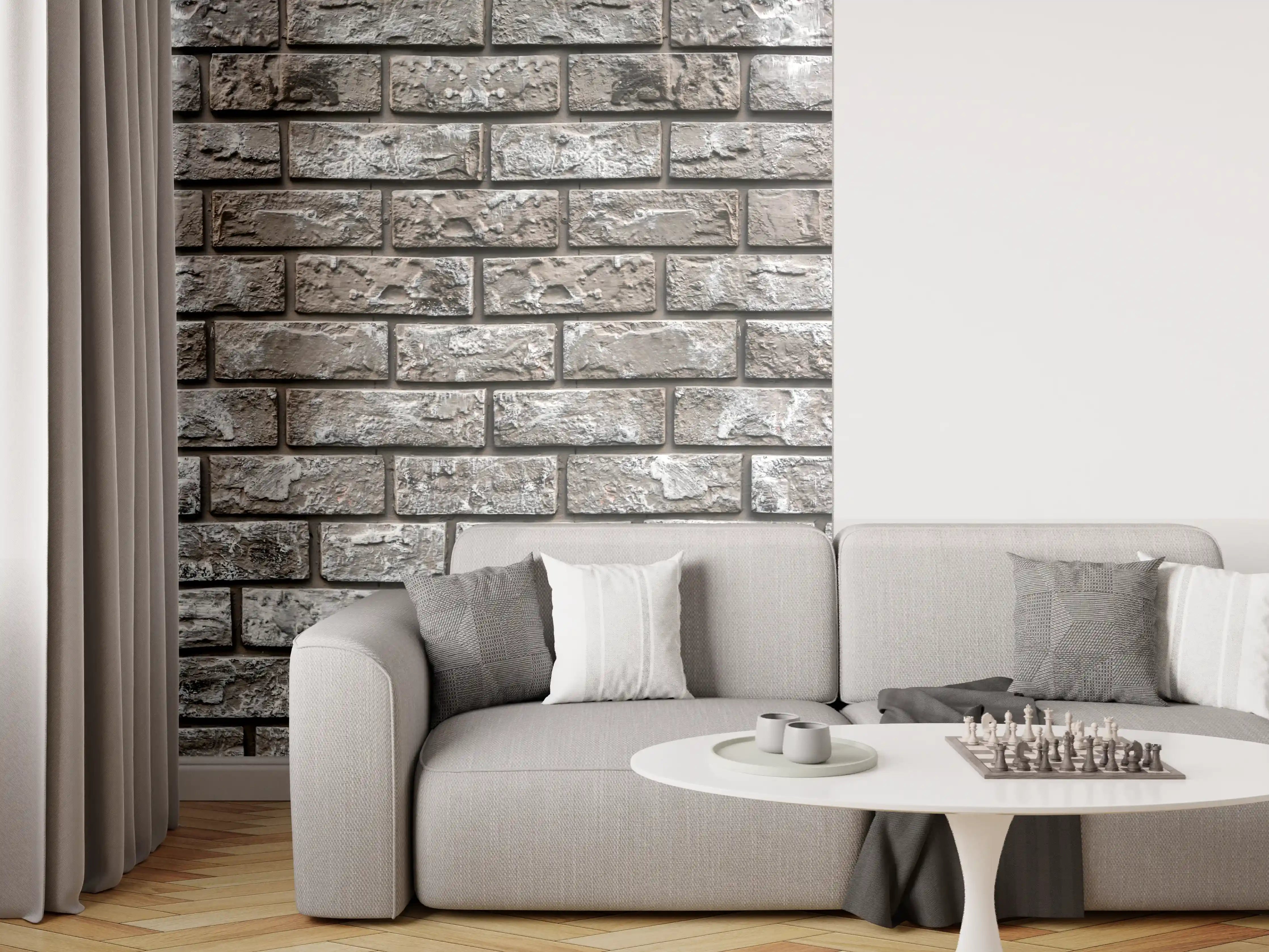 Wandverkleidung Wohnzimmer - Ziegelmauer aus dekorativem grauem Stein