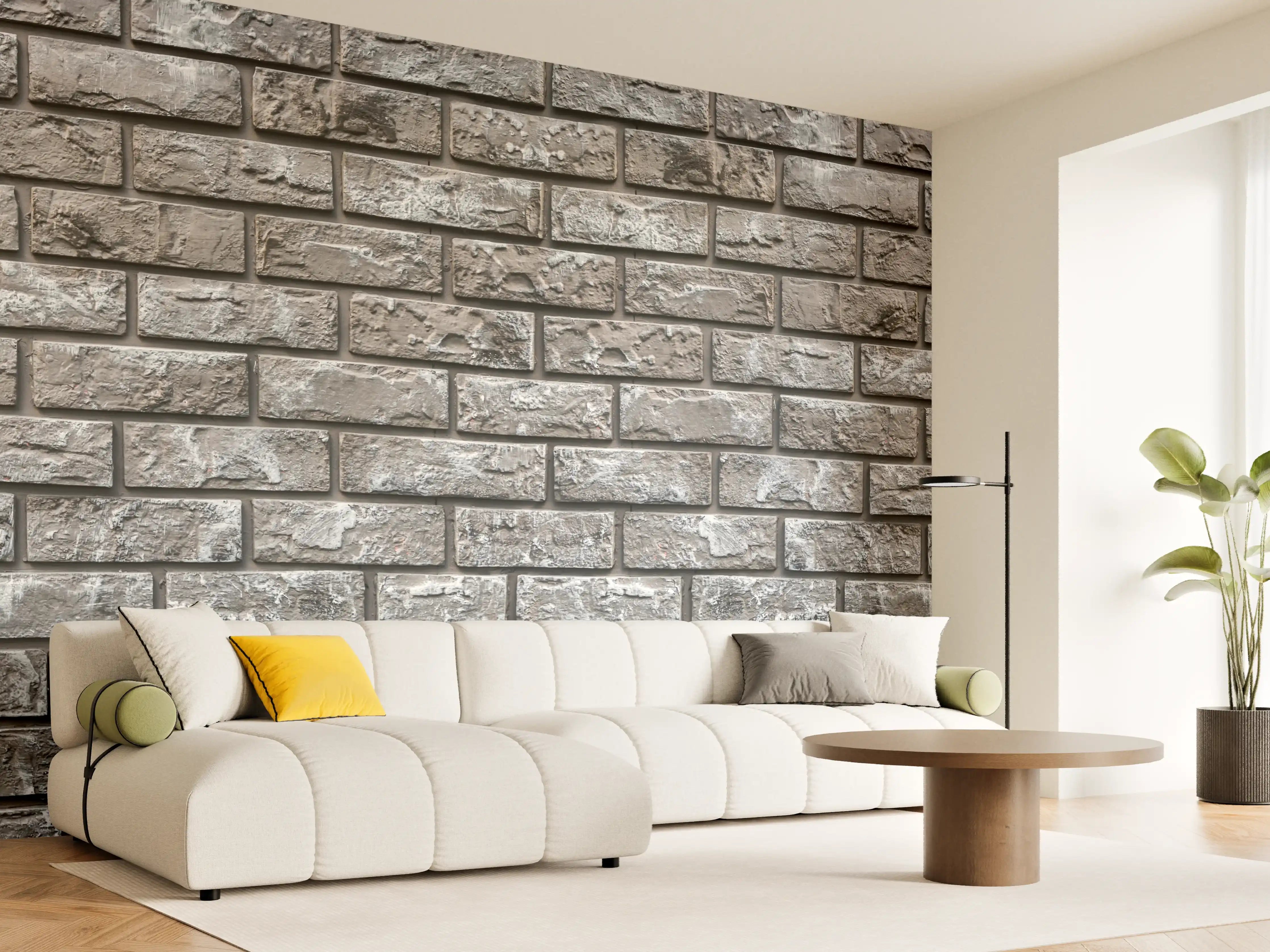 Wandverkleidung Wohnzimmer - Ziegelmauer aus dekorativem grauem Stein