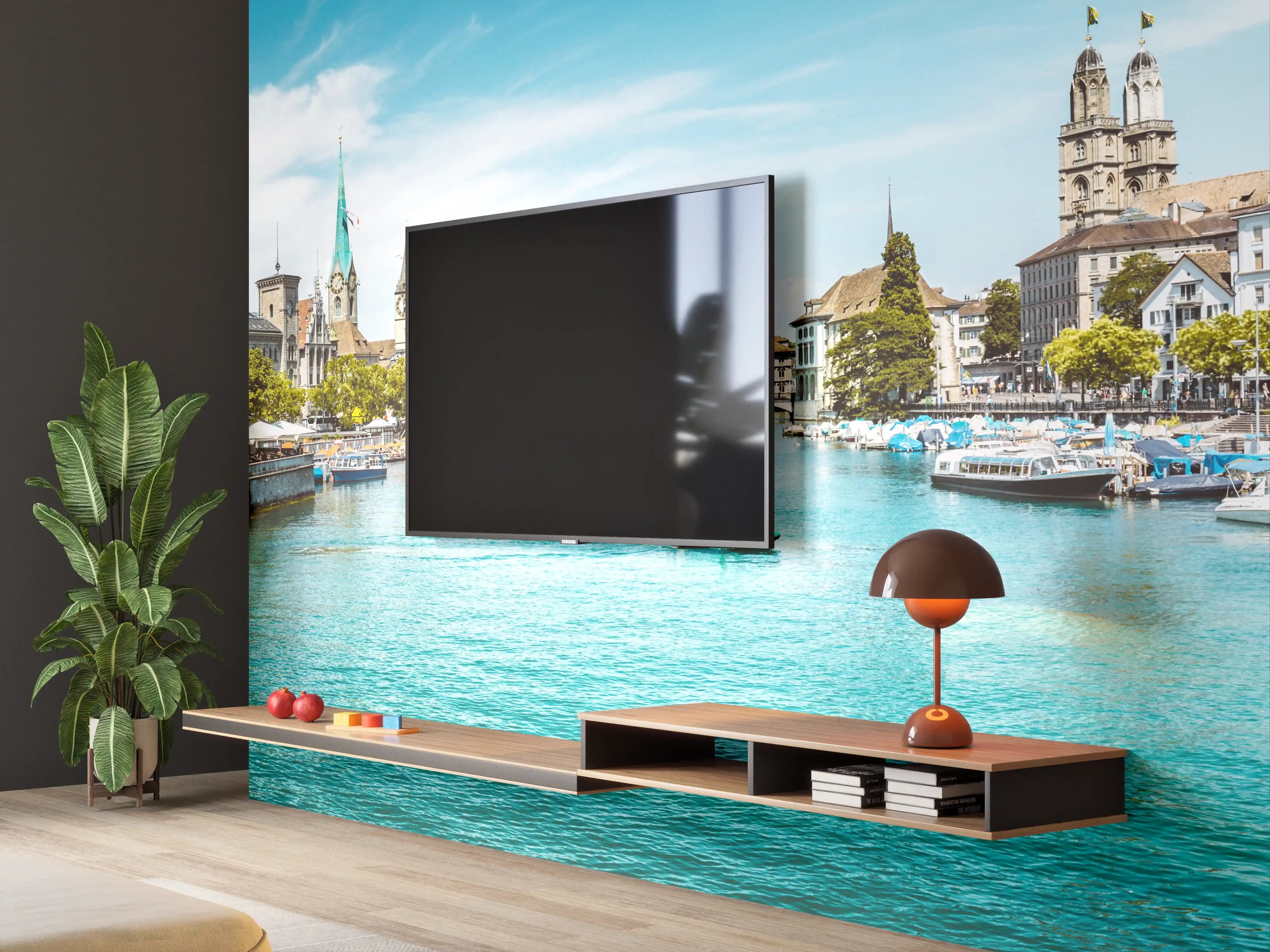 Wandverkleidung Wohnzimmer - Zürich Skyline Panorama mit Fluss Limmat