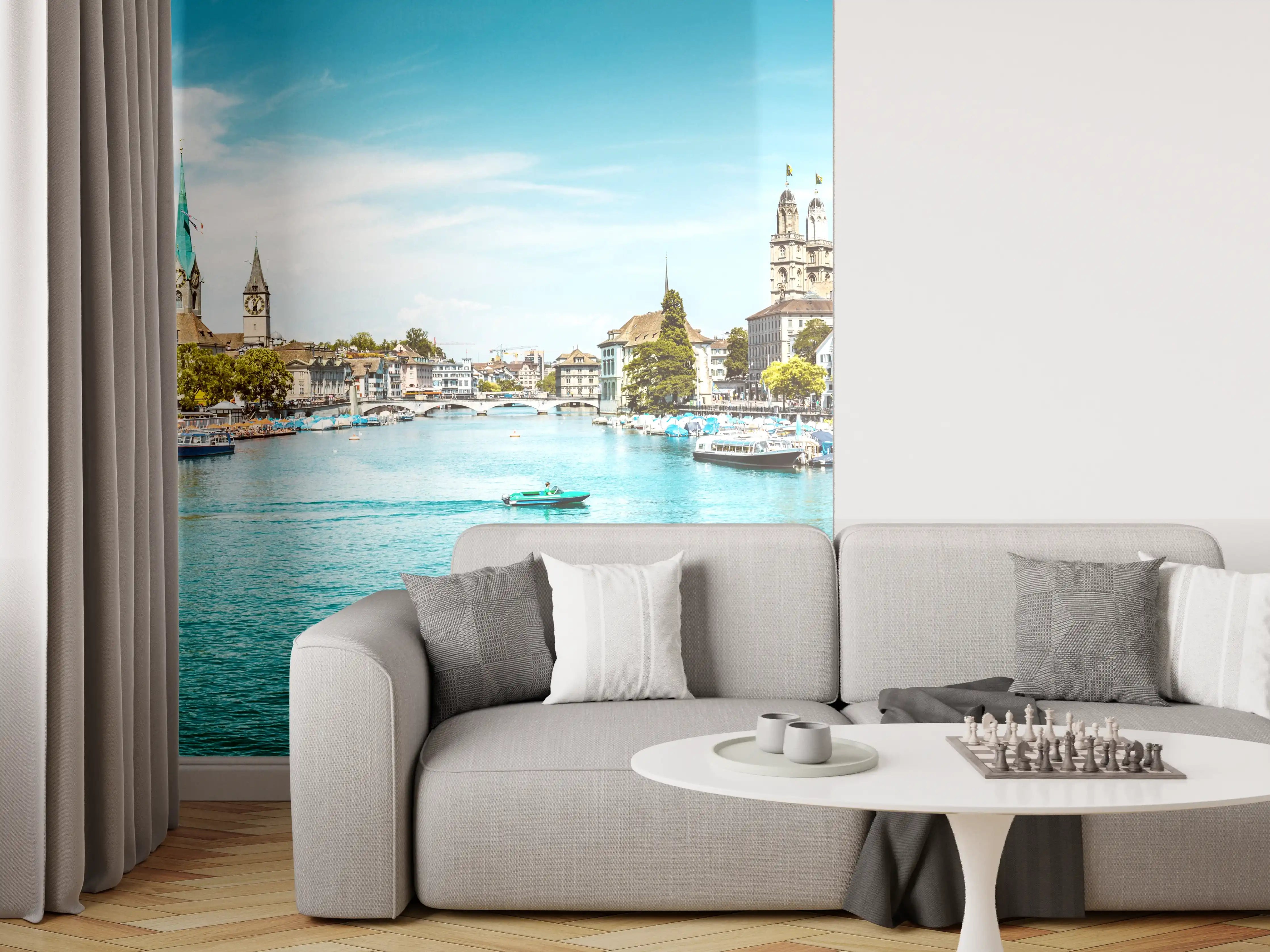 Wandverkleidung Wohnzimmer - Zürich Skyline Panorama mit Fluss Limmat