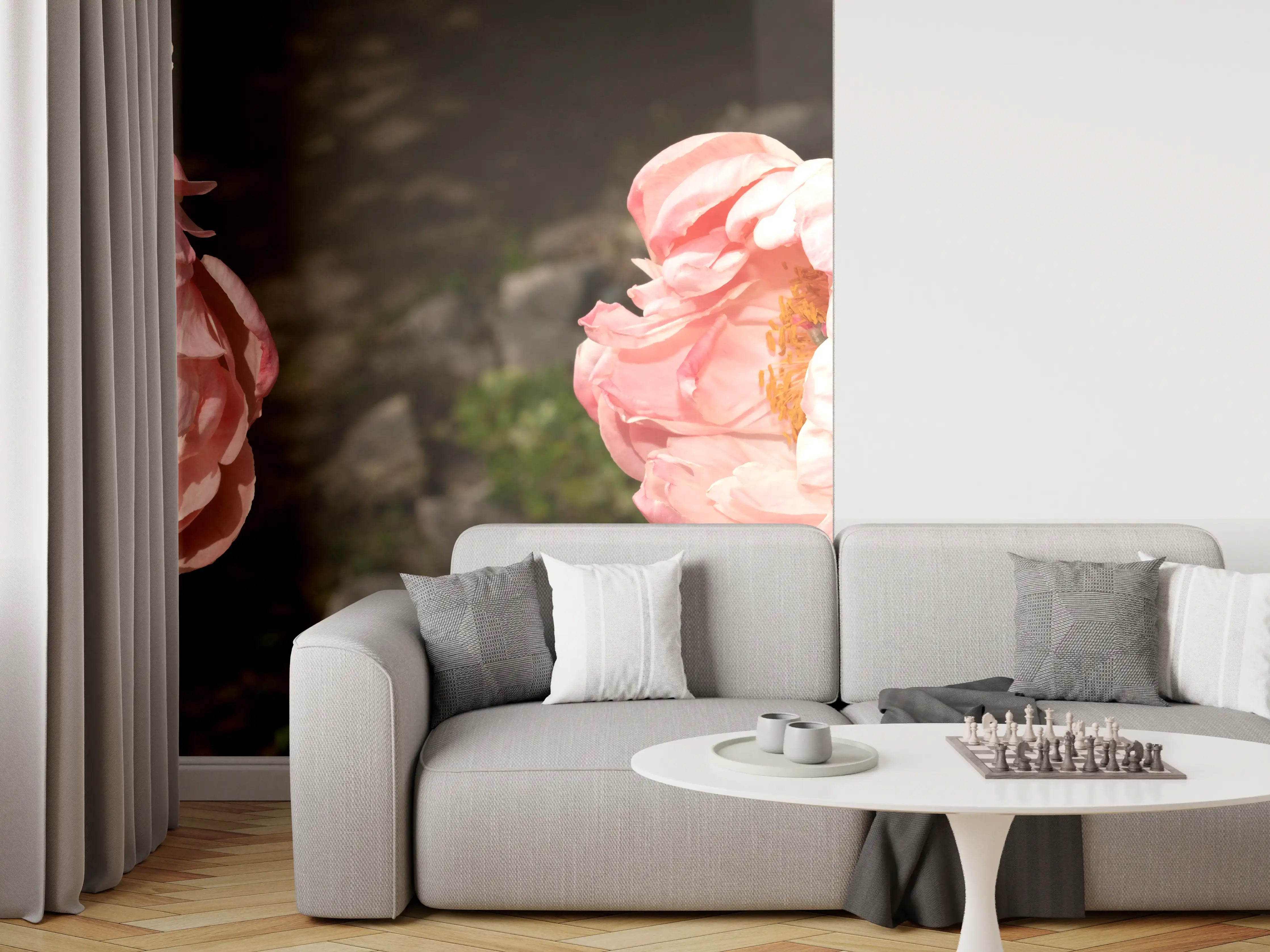 Wandverkleidung Wohnzimmer - Zwei rosa Pfingstrosen in einem alten Garten.