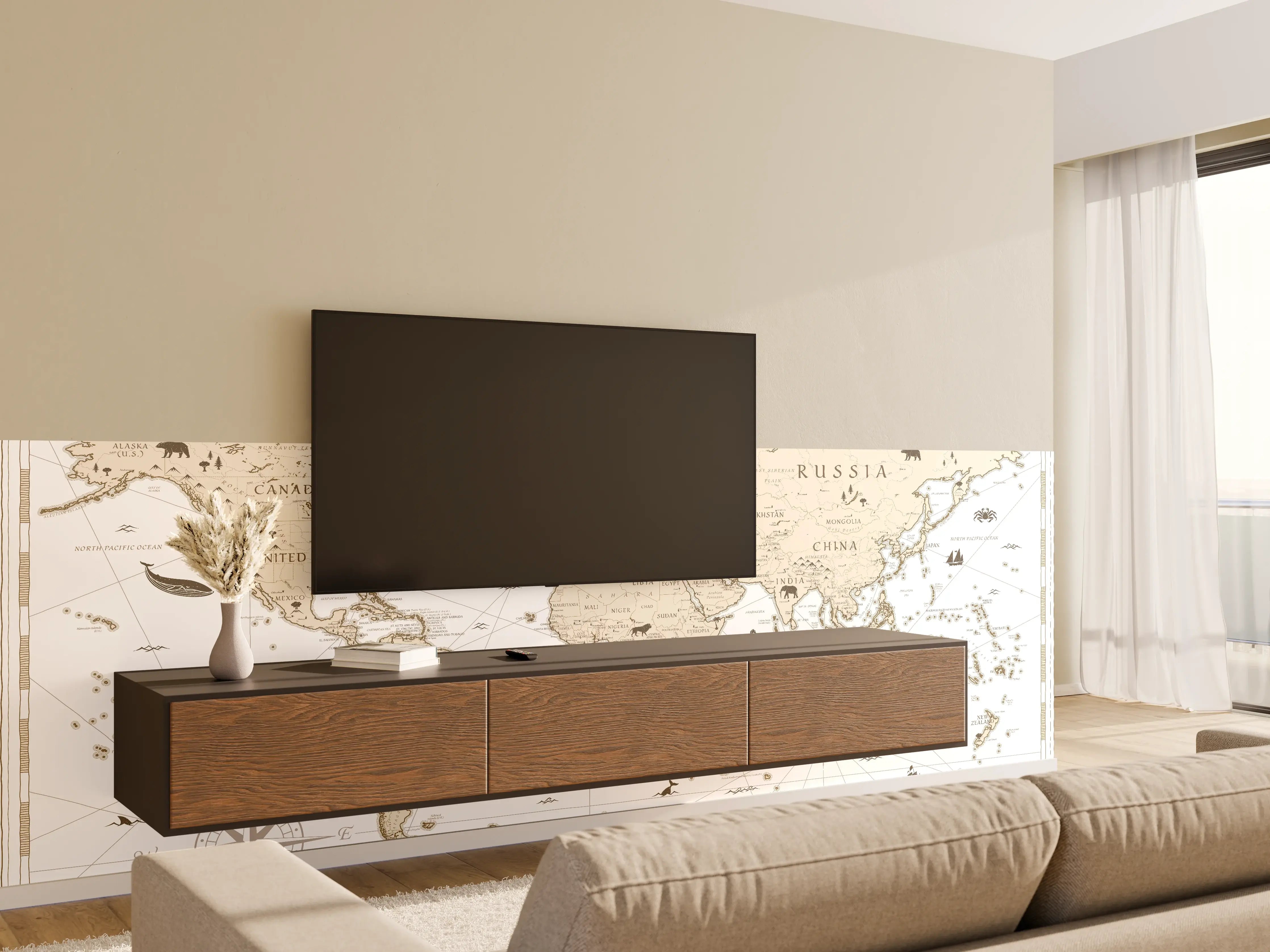 Wandverkleidung Wohnzimmer - "Sepia-Ton Weltkarte Poster mit sanften Grau- und Brauntönen"