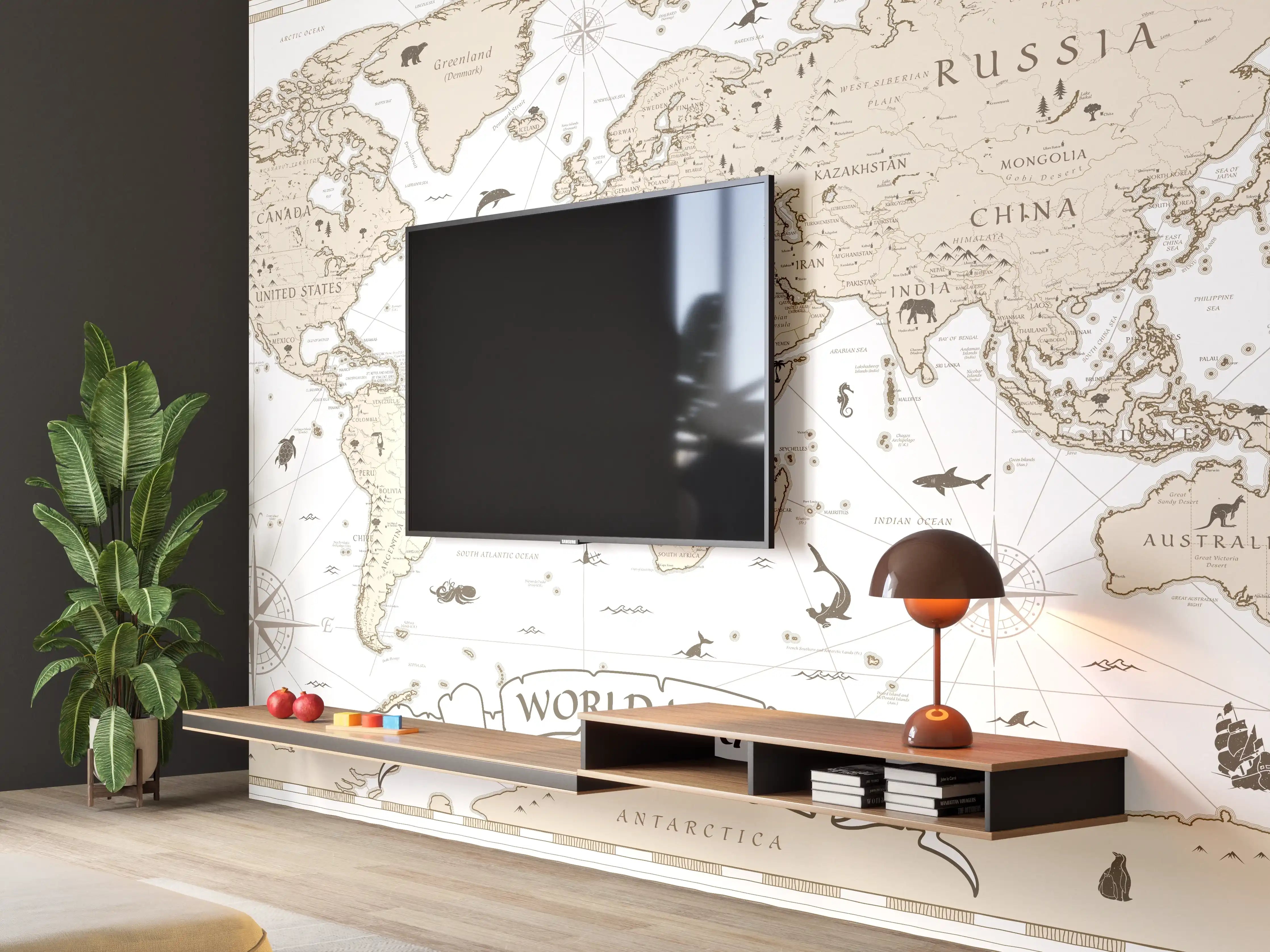 Wandverkleidung Wohnzimmer - "Sepia-Ton Weltkarte Poster mit sanften Grau- und Brauntönen"