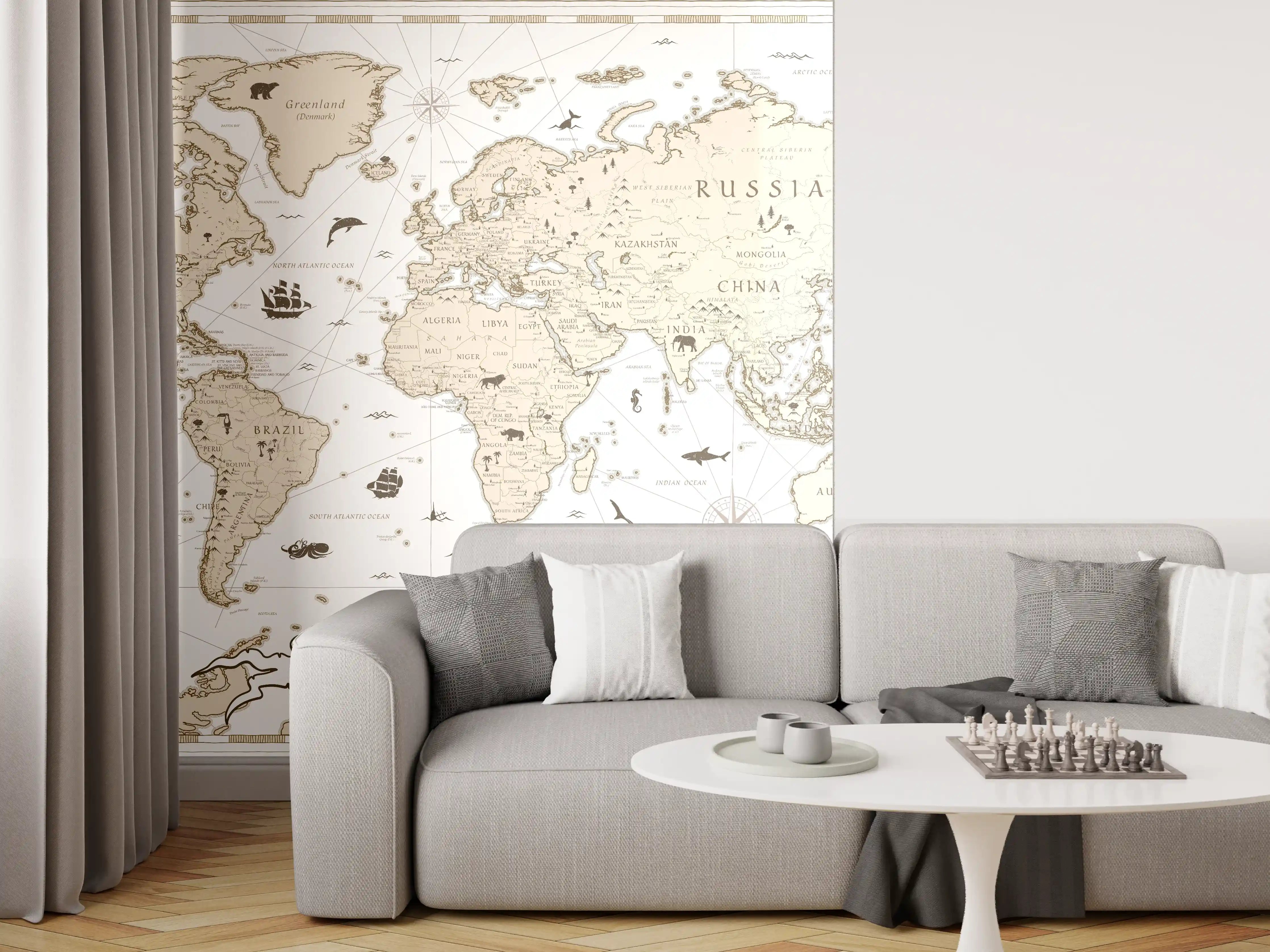 Wandverkleidung Wohnzimmer - "Sepia-Ton Weltkarte Poster mit sanften Grau- und Brauntönen"
