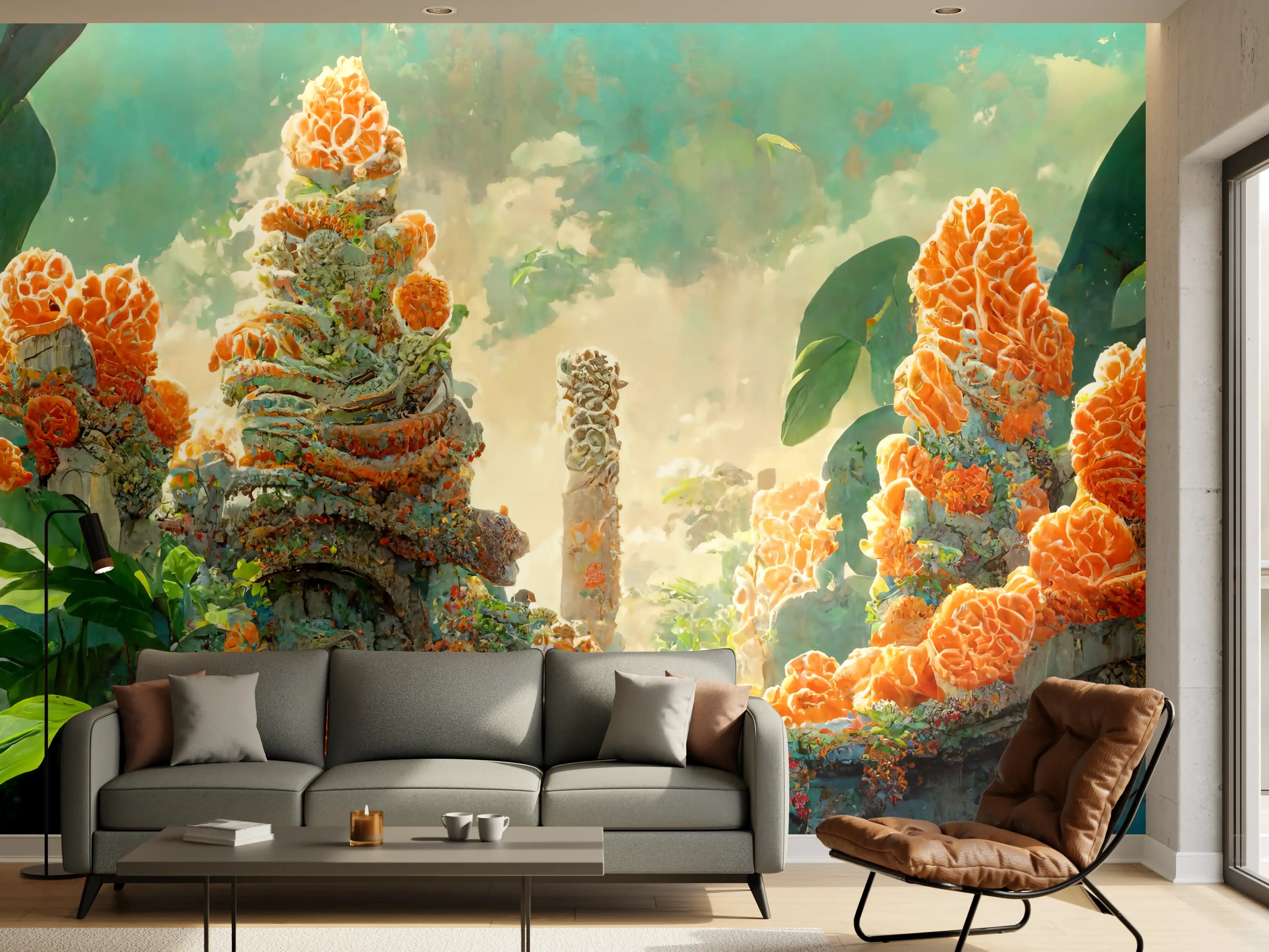 Wandverkleidung Wohnzimmer - gelbe Blumen