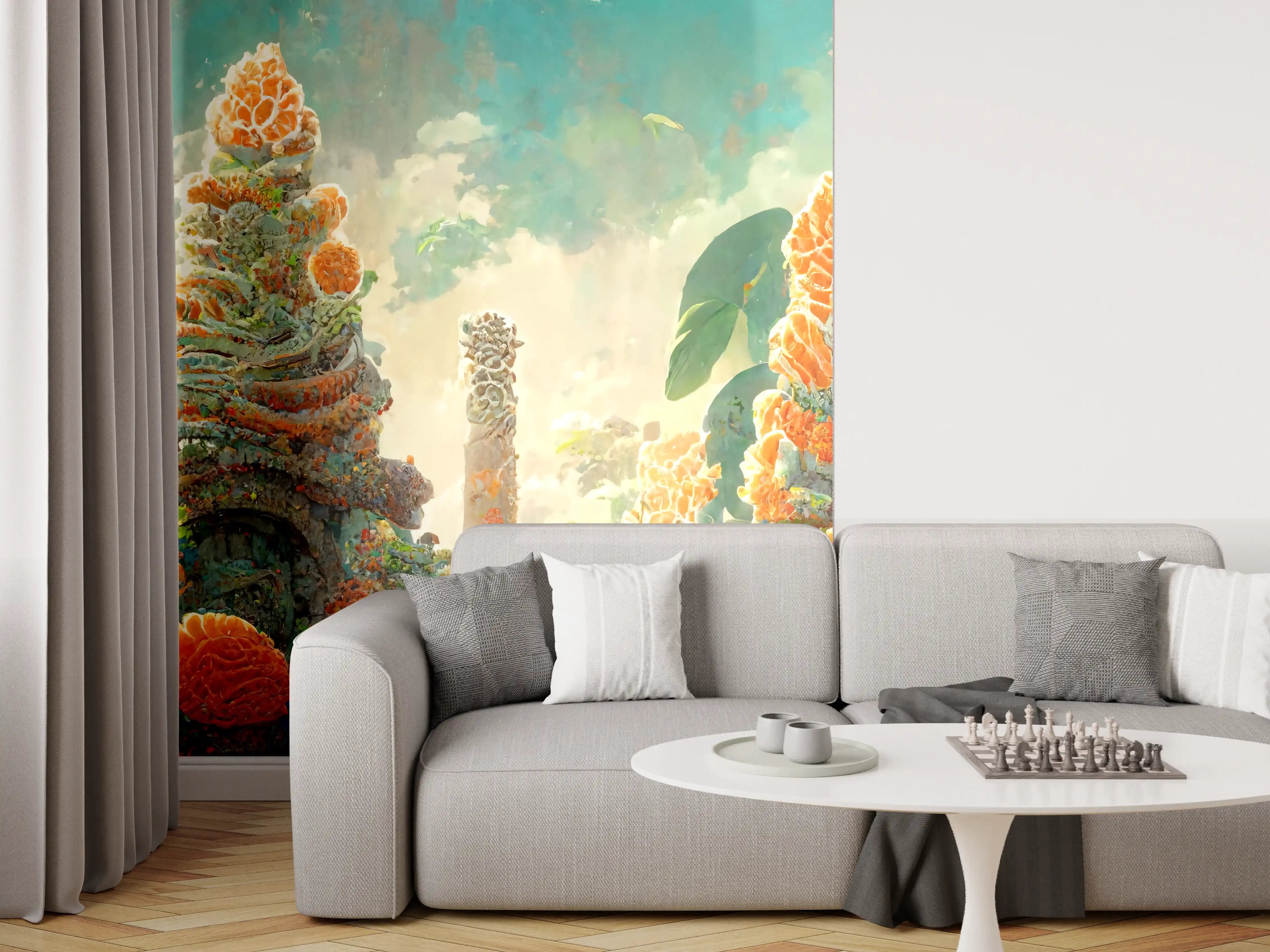 Wandverkleidung Wohnzimmer - gelbe Blumen